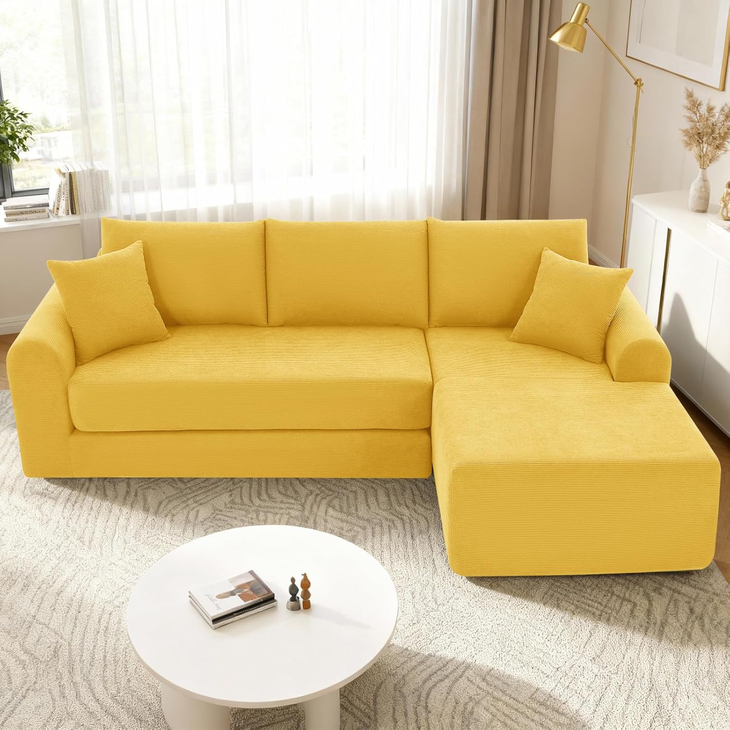 103 inch Cloud Sectional Couch, Modular Sectional Sofa with Deep Seat,Folding L-Shape Sofa Bed,Corduroy Boneless Couch Bed for Living Room,No Assembly Required,(Yellow,Right Facing Chaise)