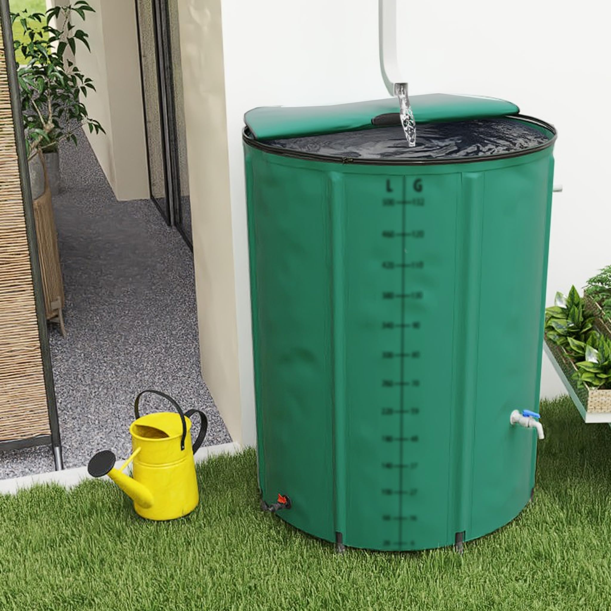 750L Faltbare Regentonnen 150 Gallonen Wasserauffangbehälter mit Wasserhahn, Skala & Ablauf Tragbare Regenwassertonne mit Stützstab Grün Wassertank zum Sammeln von Regenwasser Garten Regentank