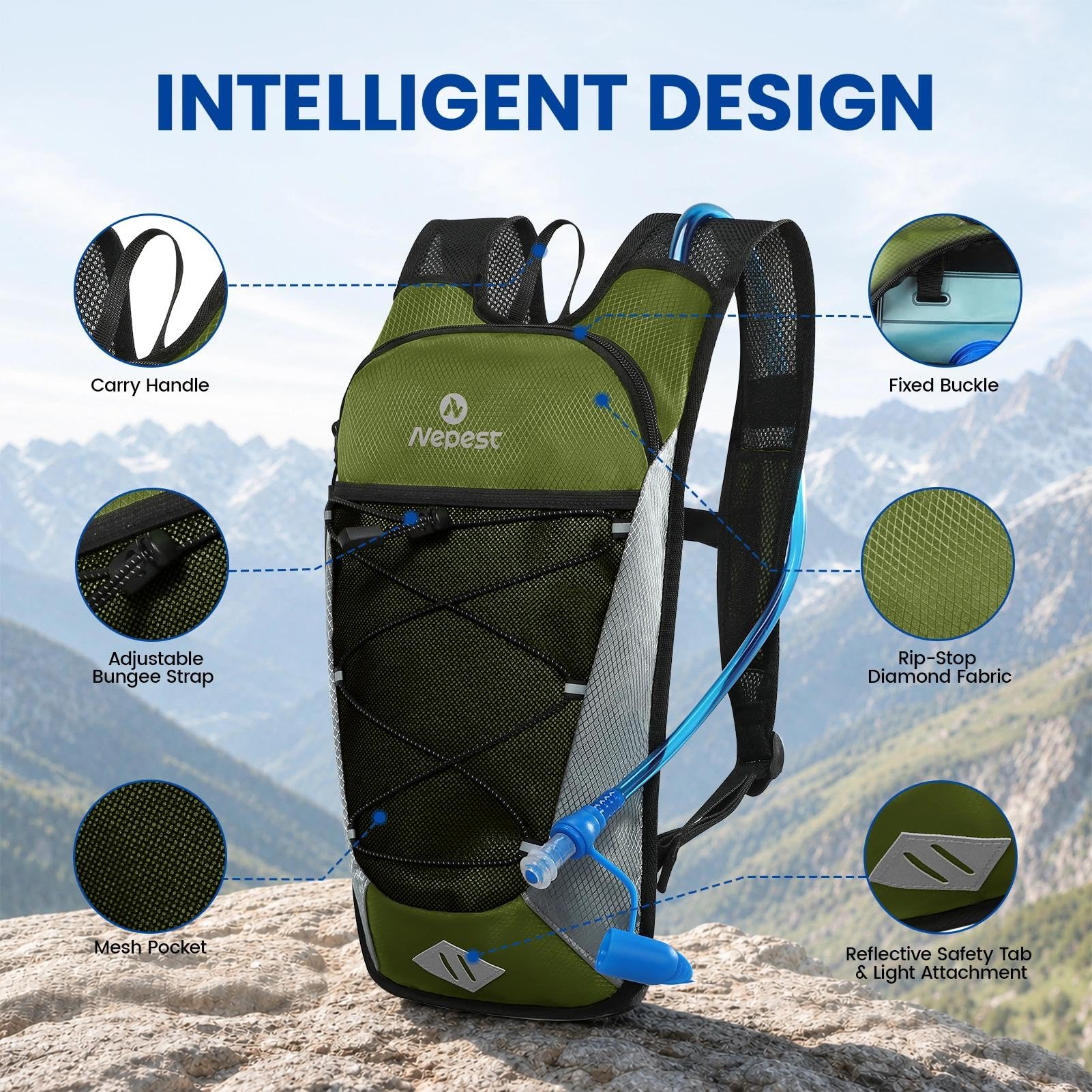 Nepest Sac à dos d'hydratation avec poche à eau de 2 L pour le cyclisme, sac à dos d'eau pour la randonnée, la course à pied, sac d'hydratation léger