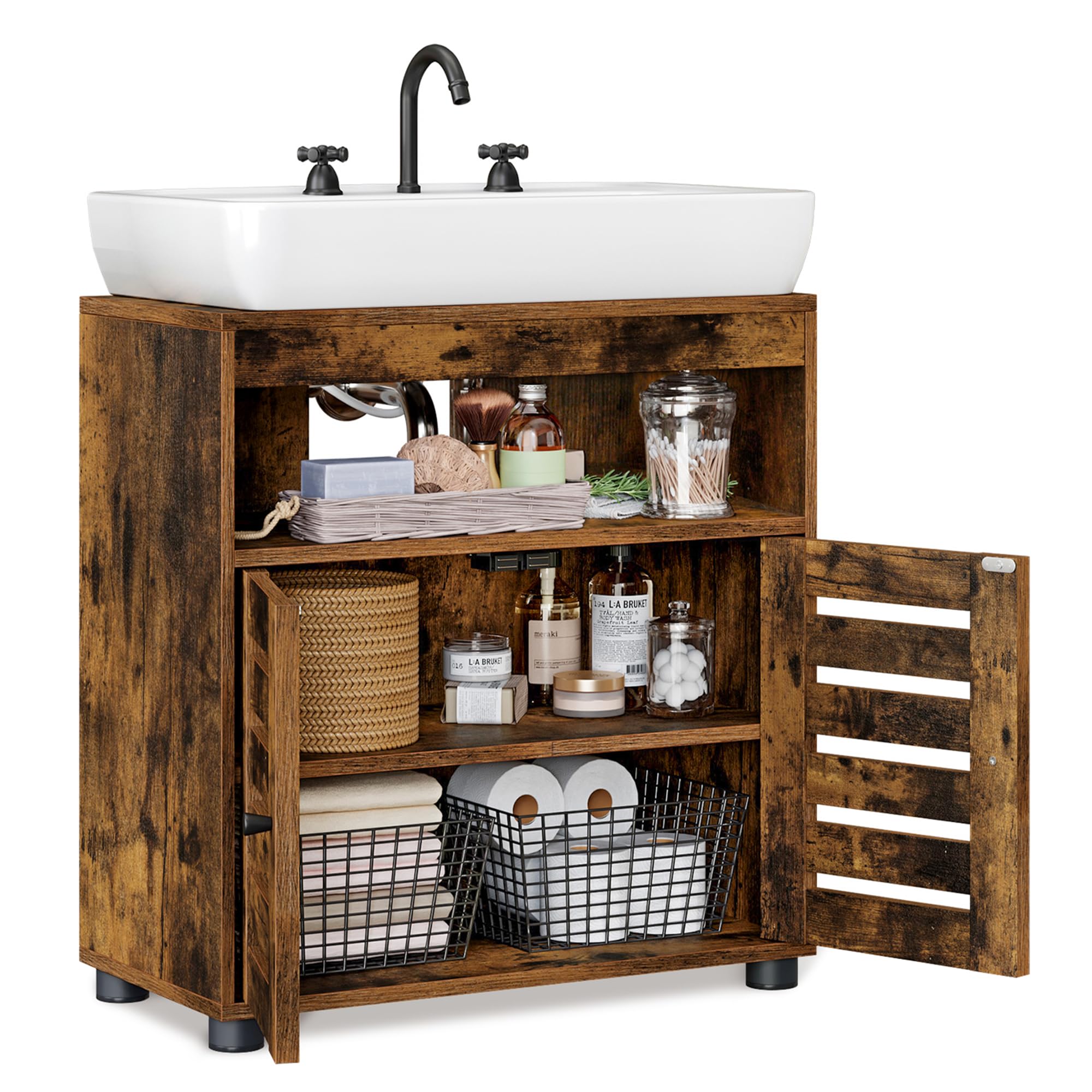 VASAGLE Under Sink Bathroom Cabinet, Storage Cabinet, Bathroom Storage Unit, 30 x 60 x 64 cm, for Washbasins without Pedestals, with 2 Louvred Doors, Adjustable Shelf, Rustic Brown BBK04BX