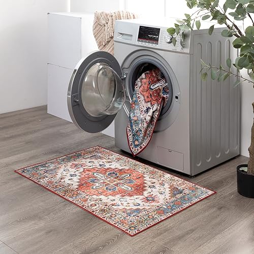 Miniatura 4 de DECOMALL Sigrain - Alfombras lavables de 5 x 7 pies, alfombra tradicional con parte trasera de goma, alfombra de medallón envejecida para sala de