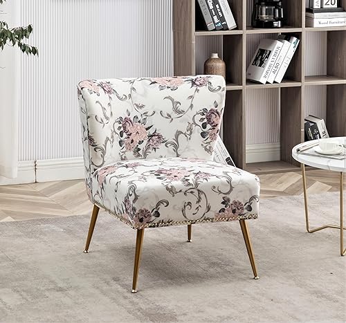 Thia Silla decorativa sin brazos para sala de estar, elegante asiento con ribete de cabeza de clavo, patas de metal dorado y cómodo respaldo curvo, disponible en Yaxa Colombia