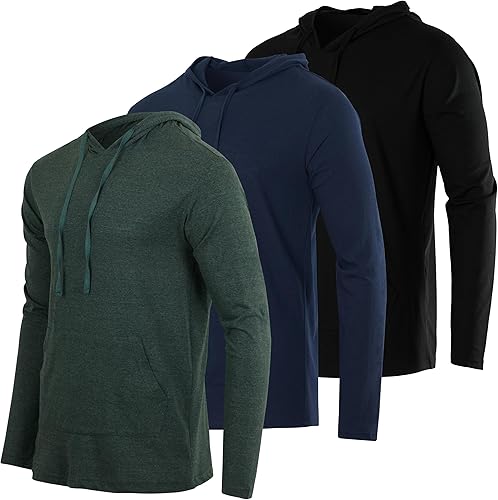Real Essentials Paquete de 3 sudadera con capucha de algodón ligero y casual con cordón y bolsillo para hombre