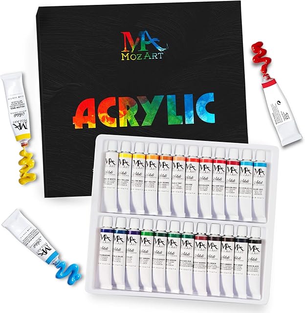 MozArt Supplies Acrylic Paints Set of 24 Colours (12 ml, 0.40 Oz) for Canvas, Wood, Ceramic, Fabric, Paper - Rich Pigments for Artists, Students and Beginners - Non-Toxic & Non Fading