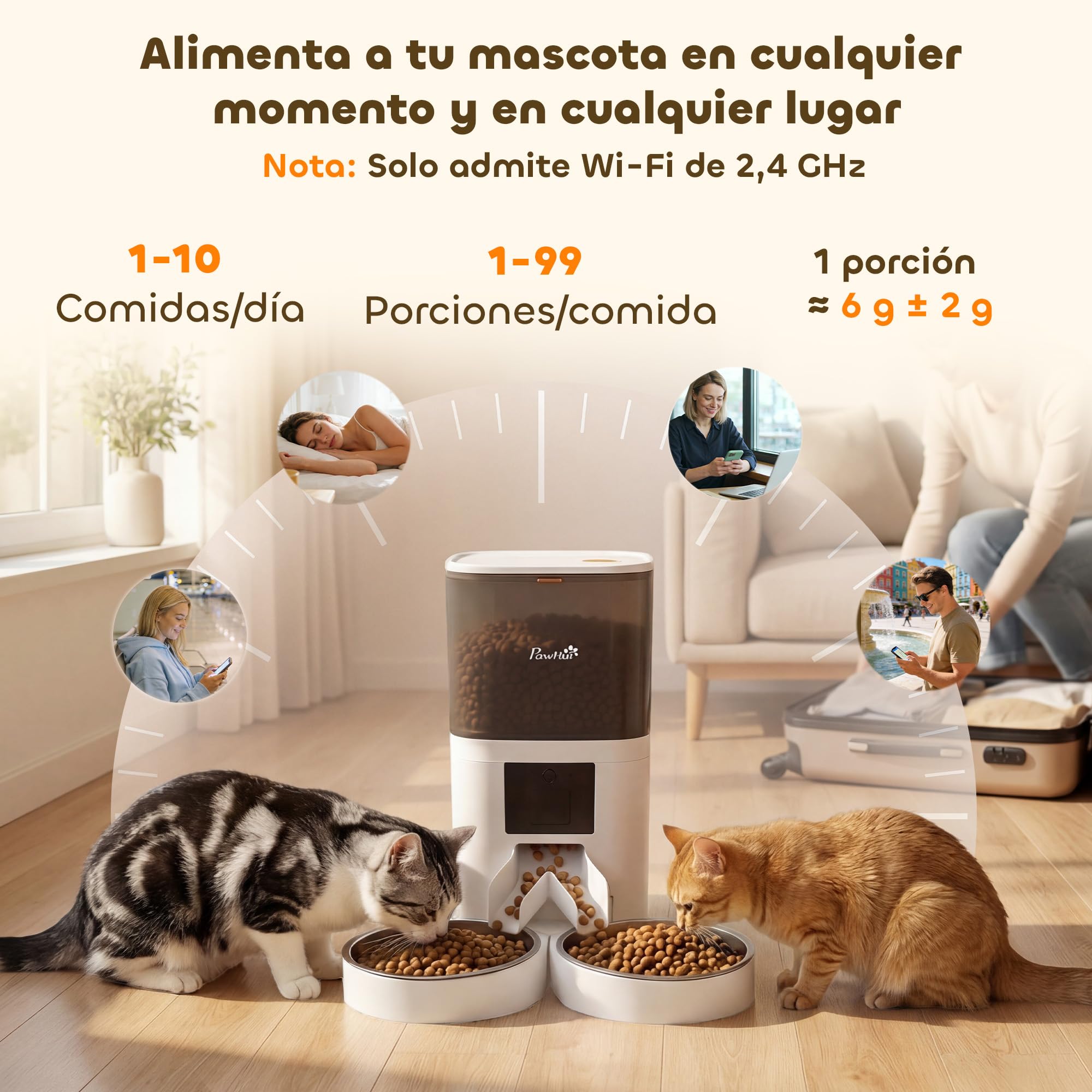 PawHut Comedero Automático 6L WiFi 2.4G Control App para Gatos y Perros | Dispensador de Comida, 2 Cuencos, 1-10 Comidas al Día, Grabadora Voz 10s, 2 Fuentes de Alimentación, Fácil de Limpiar