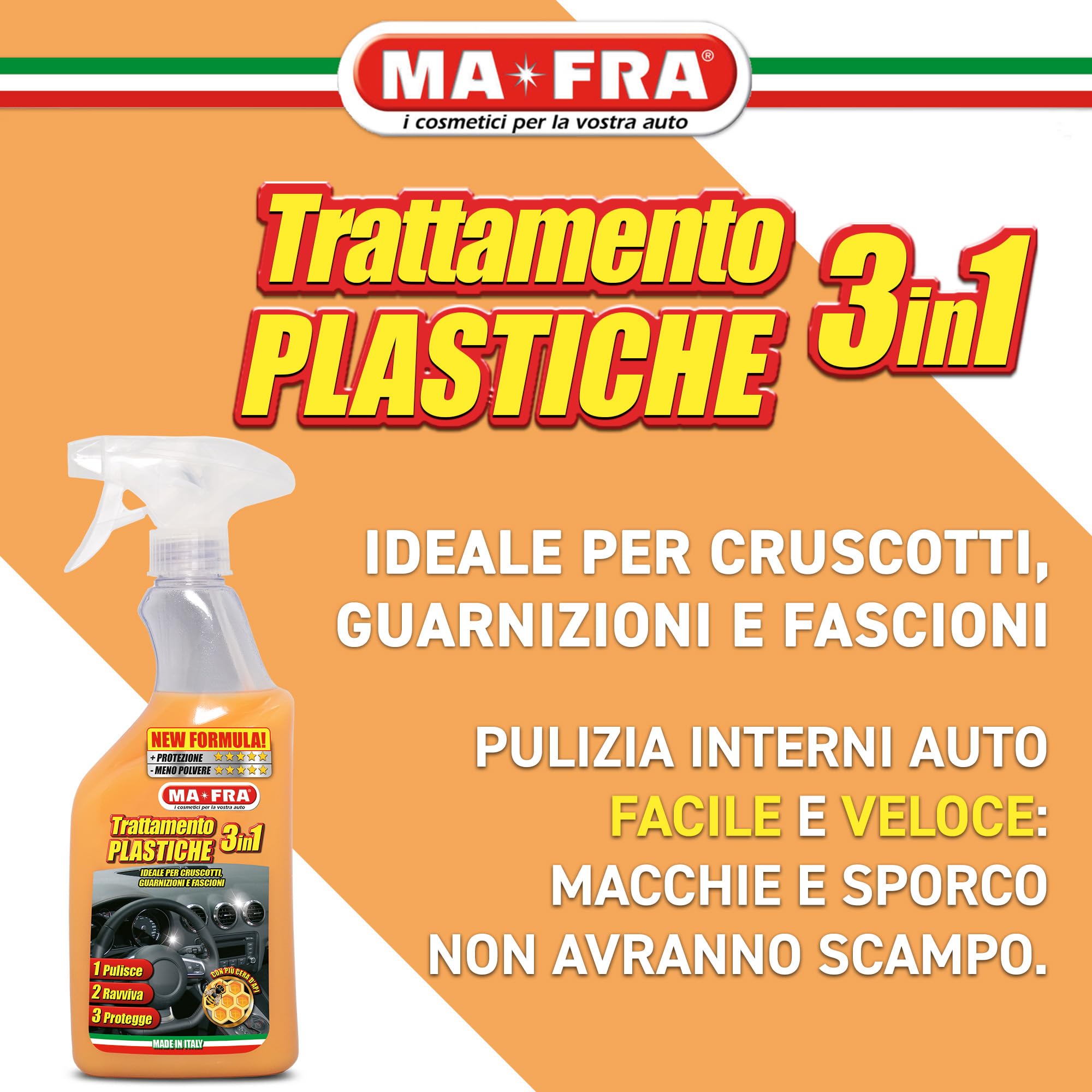 Ma-Fra Trattamento 3in1 Plastiche, Pulisce, Ravviva e Protegge Parti Interne dell'Auto, Ideale per Cruscotti e Guarnizioni, Crea Barriera Anti Raggi UV, Rallenta Formazione di Polvere, Formato 500ml