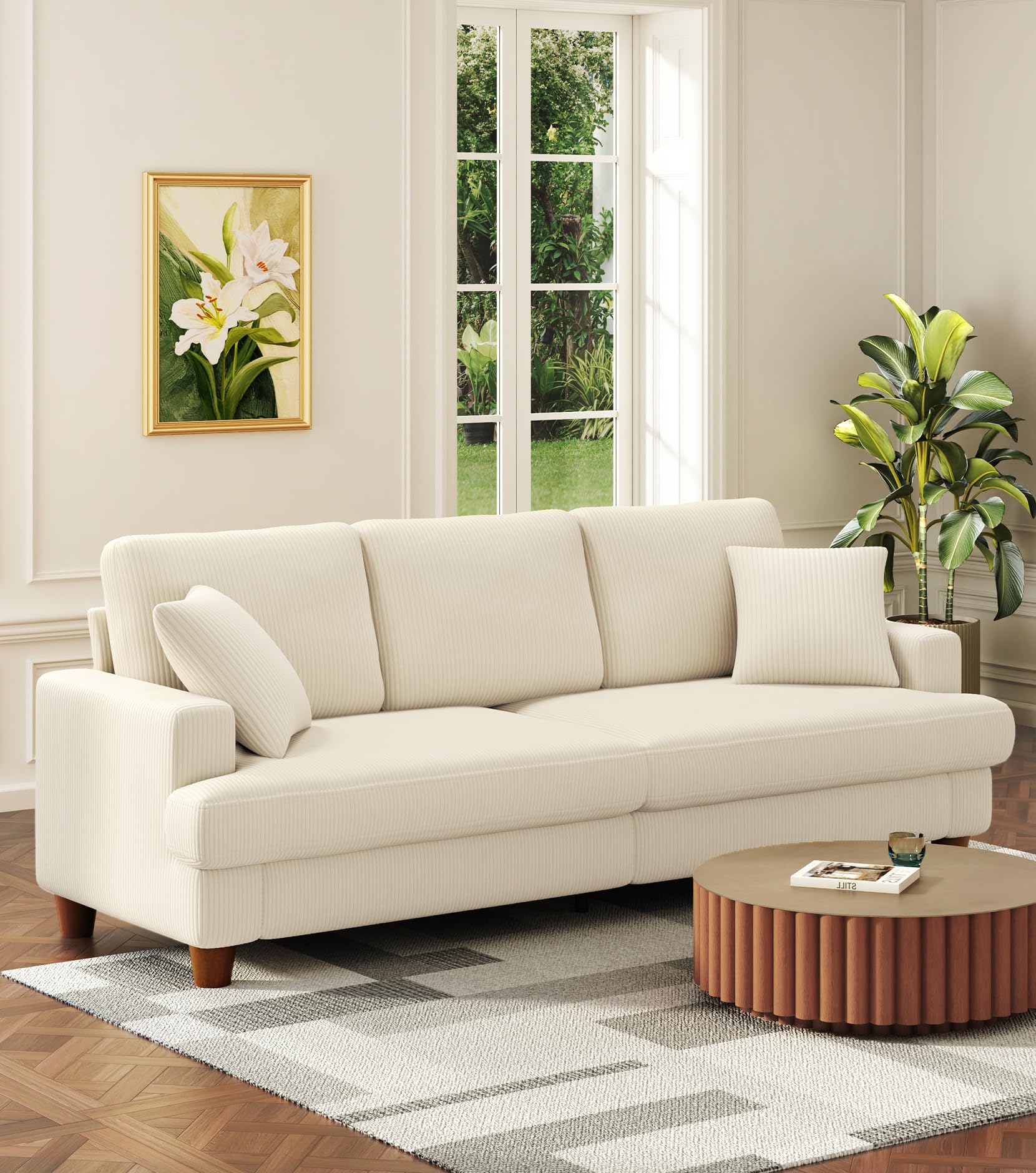 Kidirect 87in Beige White Sofa, Couches for Living Room 21in Extra Deep Seats, Comfy Corduroy Sofas for Living Room No Tool Assembly, Modern Oversized Love Seat with 2 Pillows, Sofa Couch for Bedroom