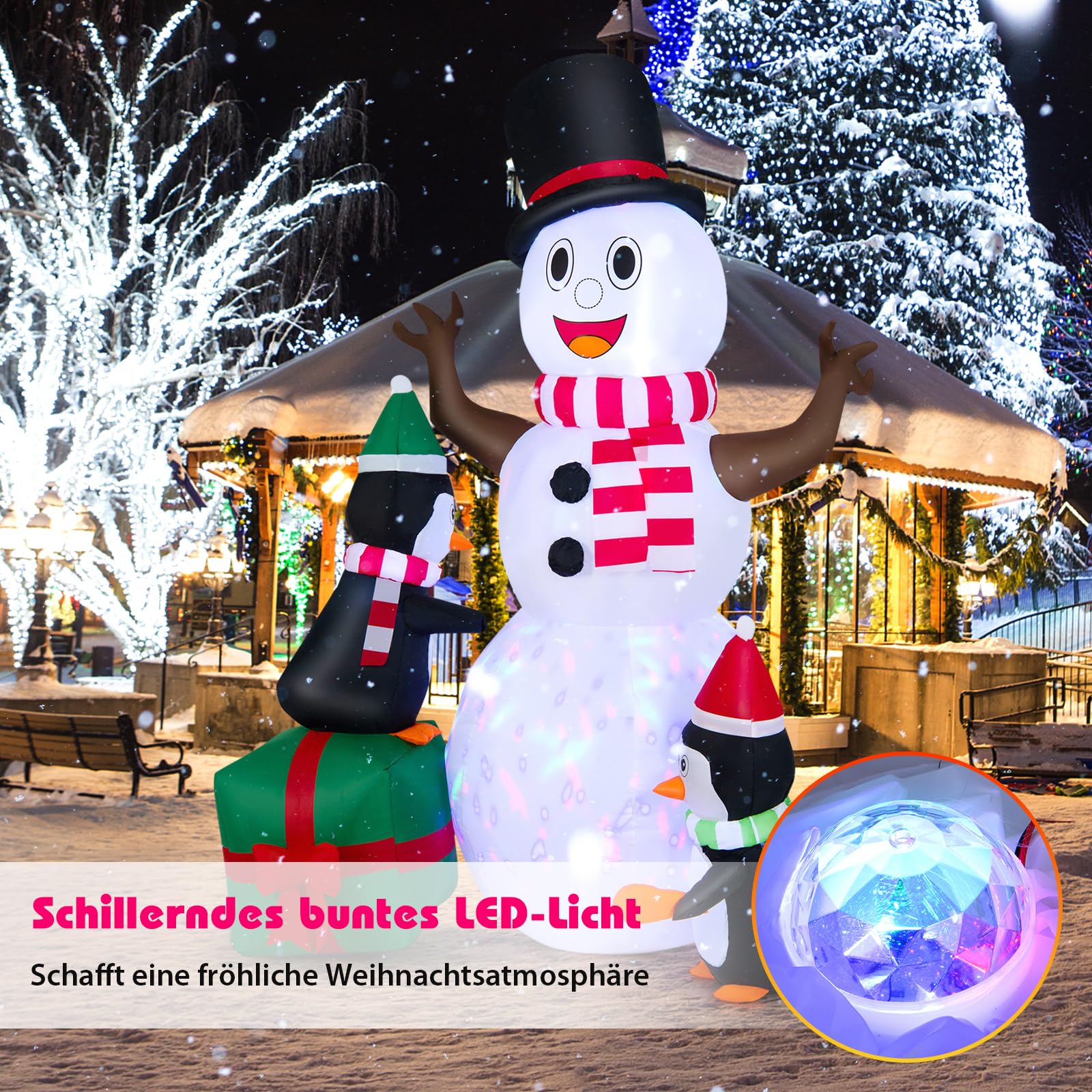 COSTWAY 180CM Aufblasbarer Schneemann mit Pinguinen, Weihnachten Deko draußen XL, Weihnachtsdeko Outdoor mit bunten LED Lichtern, Festdekoration selbstaufblasend