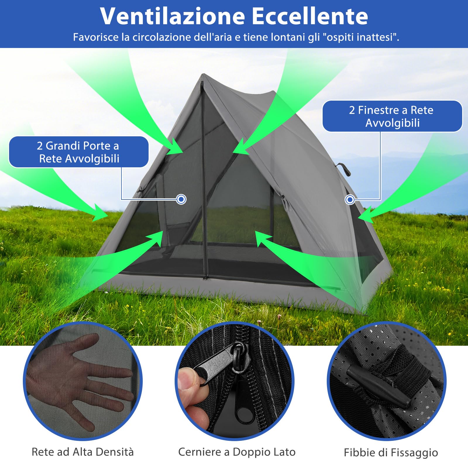 COSTWAY Tenda da Campeggio Zaino in Spalla 2-3 posti, Tenda Ultraleggera Impermeabile, Baldacchino a Igloo e Anti UV 3 Stagioni o Facile da Installare e imballare, 225 x 145 x 161 cm, grigio
