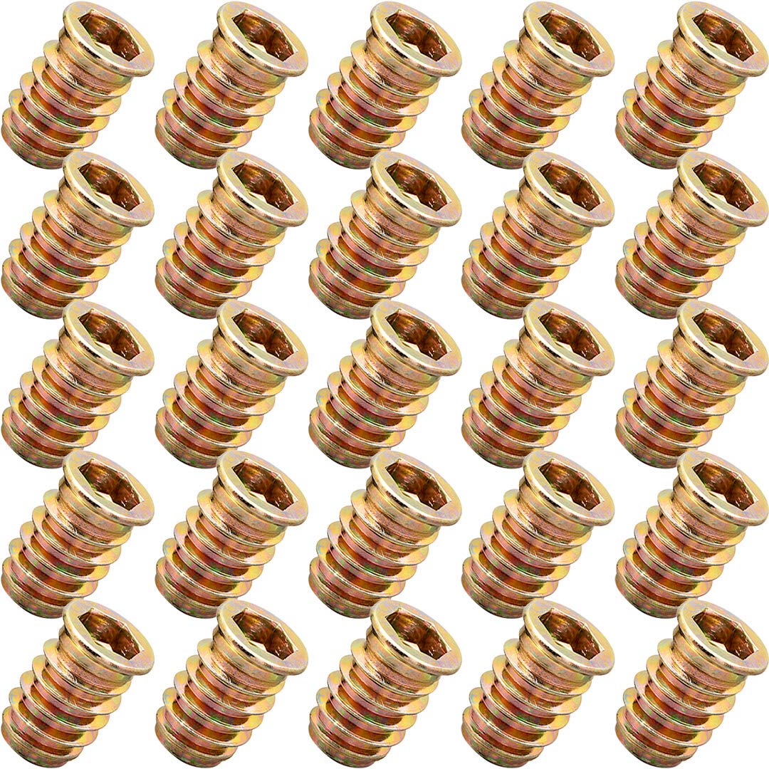 YoiYee Wood Furniture M8 x 20 mm Threaded Insert Nuts Interface Hex Socket Drive Zinc Yellow Passivated - 25 Pack