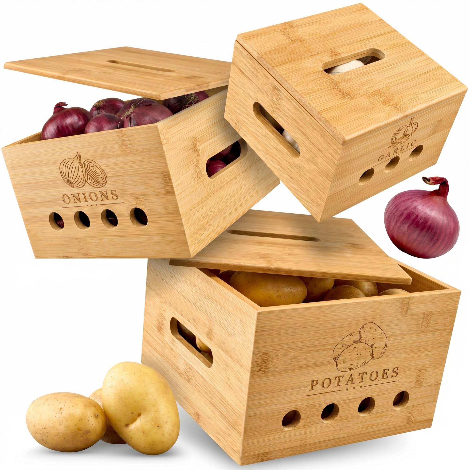 CALIDORO Premium Kartoffel Aufbewahrungsbox [3er Set] – Längerfrische Kartoffel Aufbewahrung, Knoblauch und Zwiebel Aufbewahrung – Bambus Holz Kartoffelbox, Zwiebeltopf, Knoblauchtopf Küche, Haushalt & Wohnen
