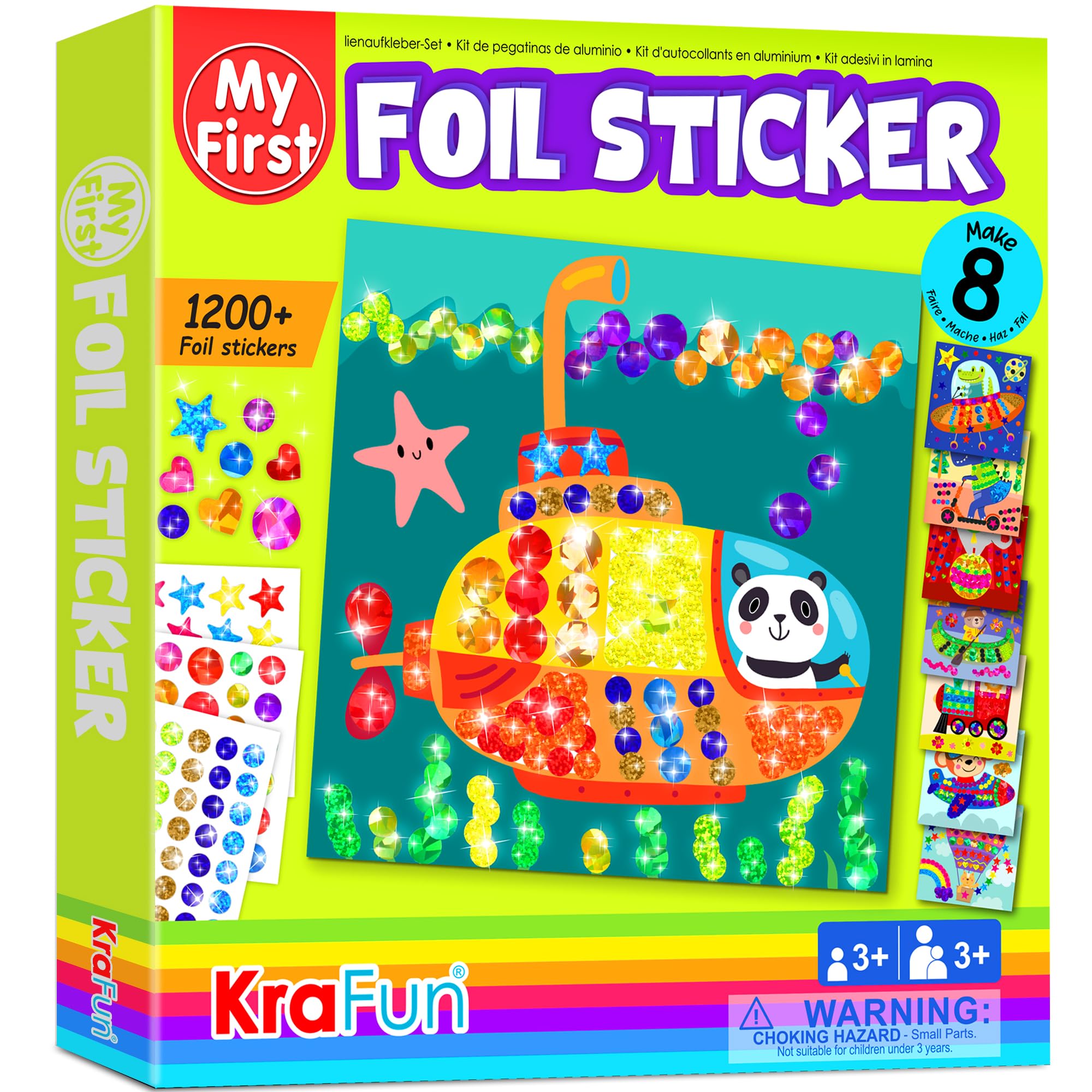 KRAFUNMy First Foil Sticker Kit, 8 No Mess Art for Kids, 1200 Pieces Animal Craft Kits & Supplies, DIY Gem Sticker Creative Activity, Easter Gifts for Toddlers Girls & Boys Ages 3-6, Travel Toys
