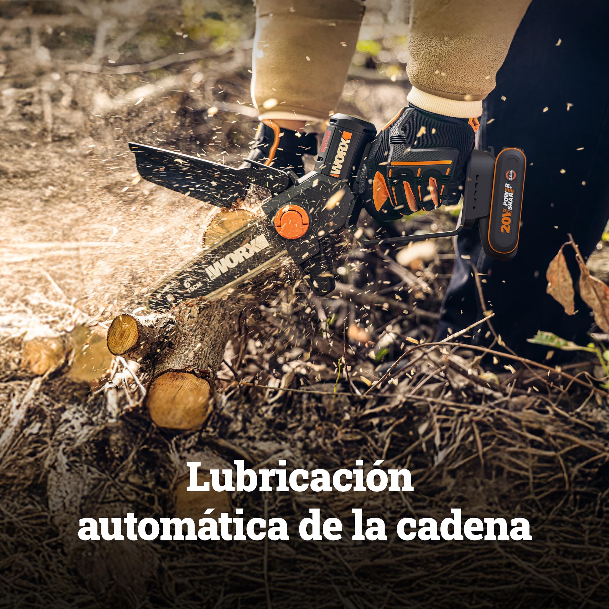 WORX WG327E Mini Motosierra 15cm 20V 2Ah Brushless, una Mano | Motor brushless NITRO, cambio cadena sin herramientas, doble seguridad, cargador 1h incluido, compatible 20V/40V