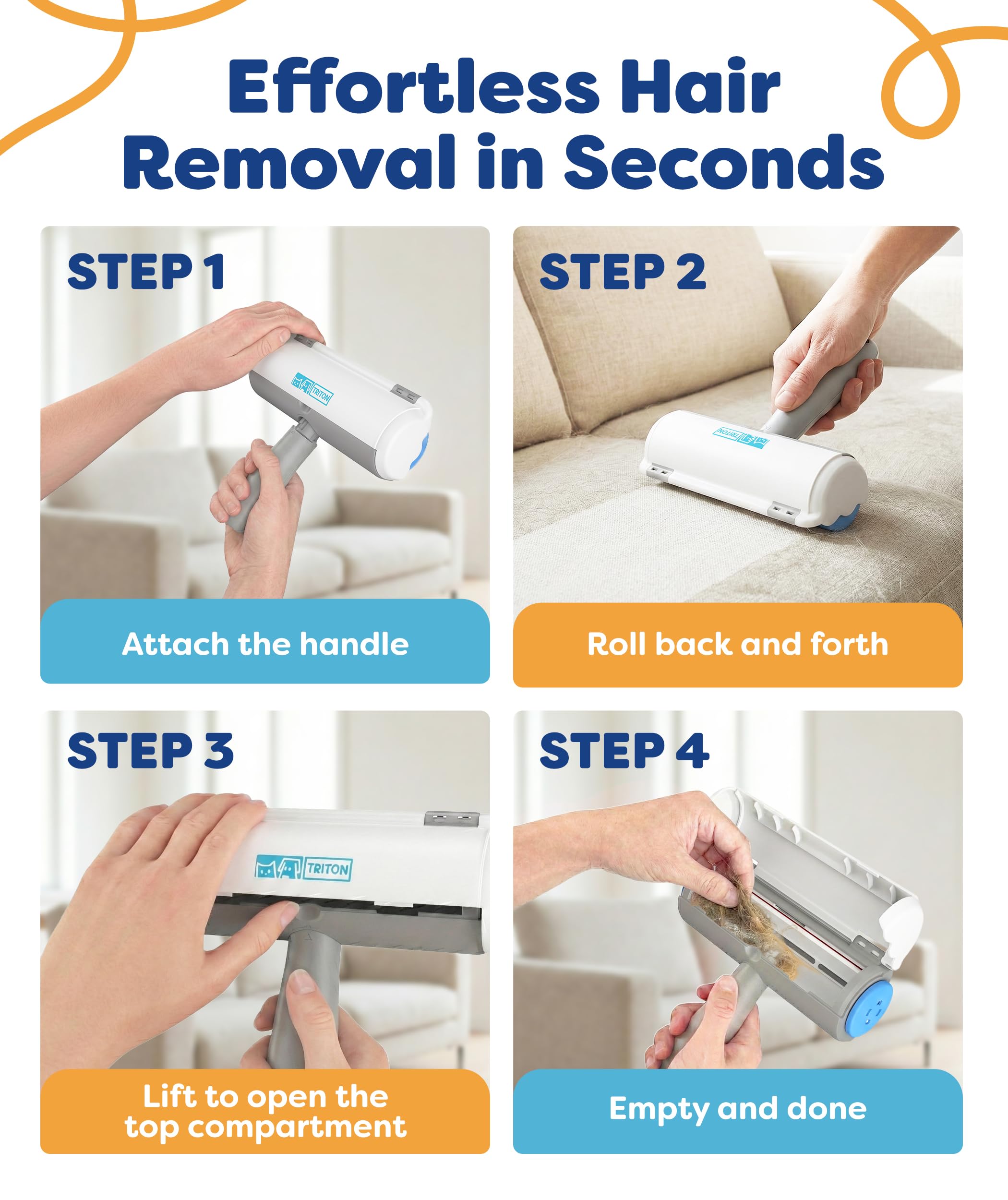 Triton Pet Hair Removal Tool w/Fur Trapping Compartment and Detachable Handle, 60% Smaller Storage Size, Reusable Shedding Roller, Cat and Dog Hair Remover for Car, Furniture, Carpet (Gray/White) - image 3