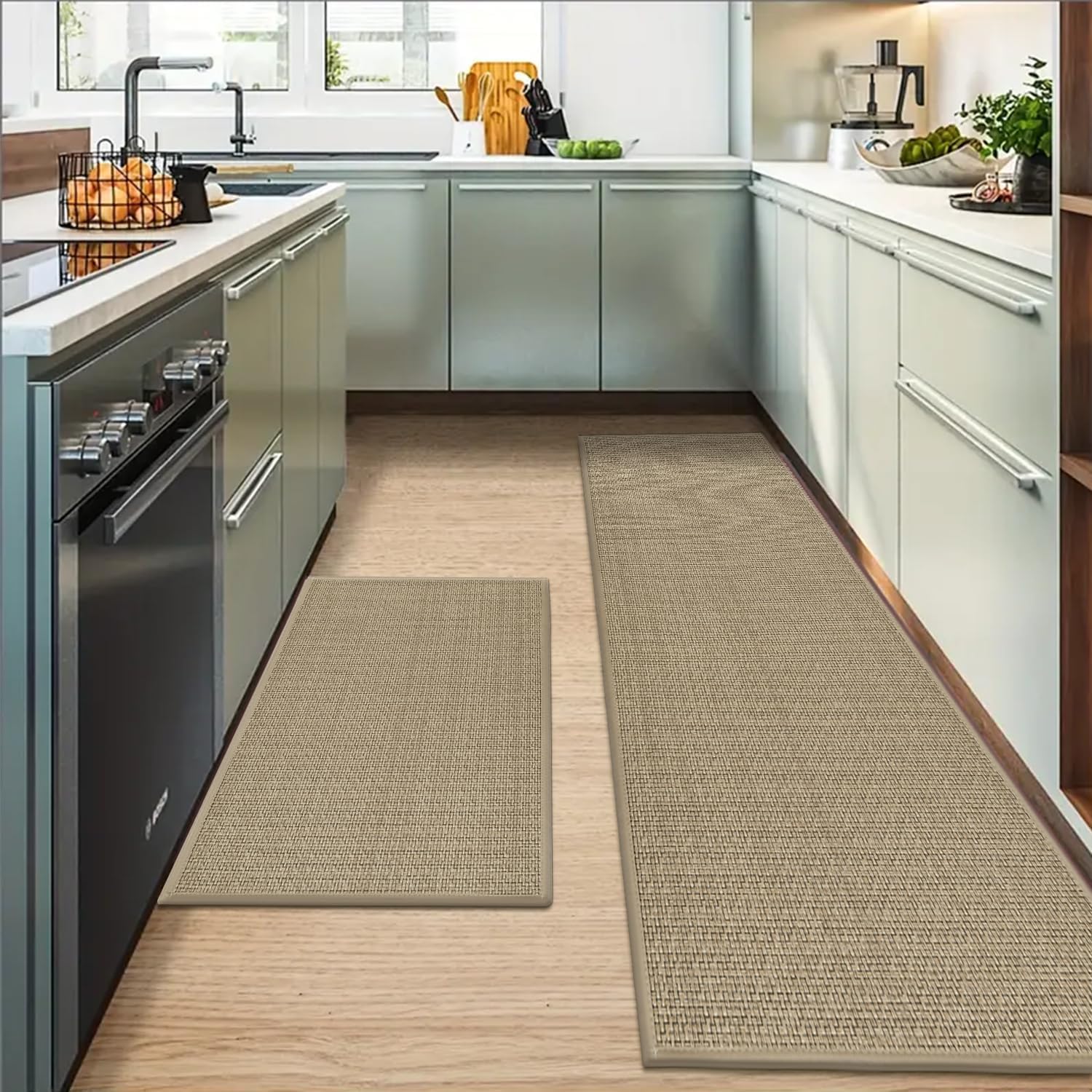 Artoid Mode Linen - Juego de 2 alfombras de cocina antideslizantes (60 x 90 y 60 x 150 cm, lavables, decorativas)