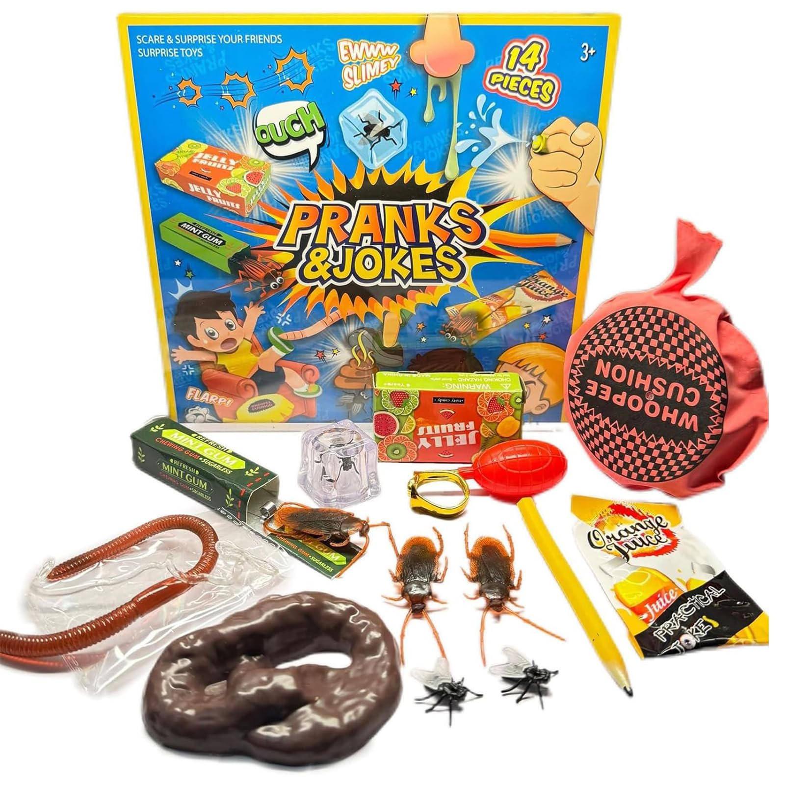 Moxychrony 14Pcs Prank Kit With Whoopee Cushion And Fake Poo, Funny Pranks for Adults, April Fools Joke Toys Box, Practical Jokes Games Box, Funny Prank Gadgets for Adults, Friends, Family