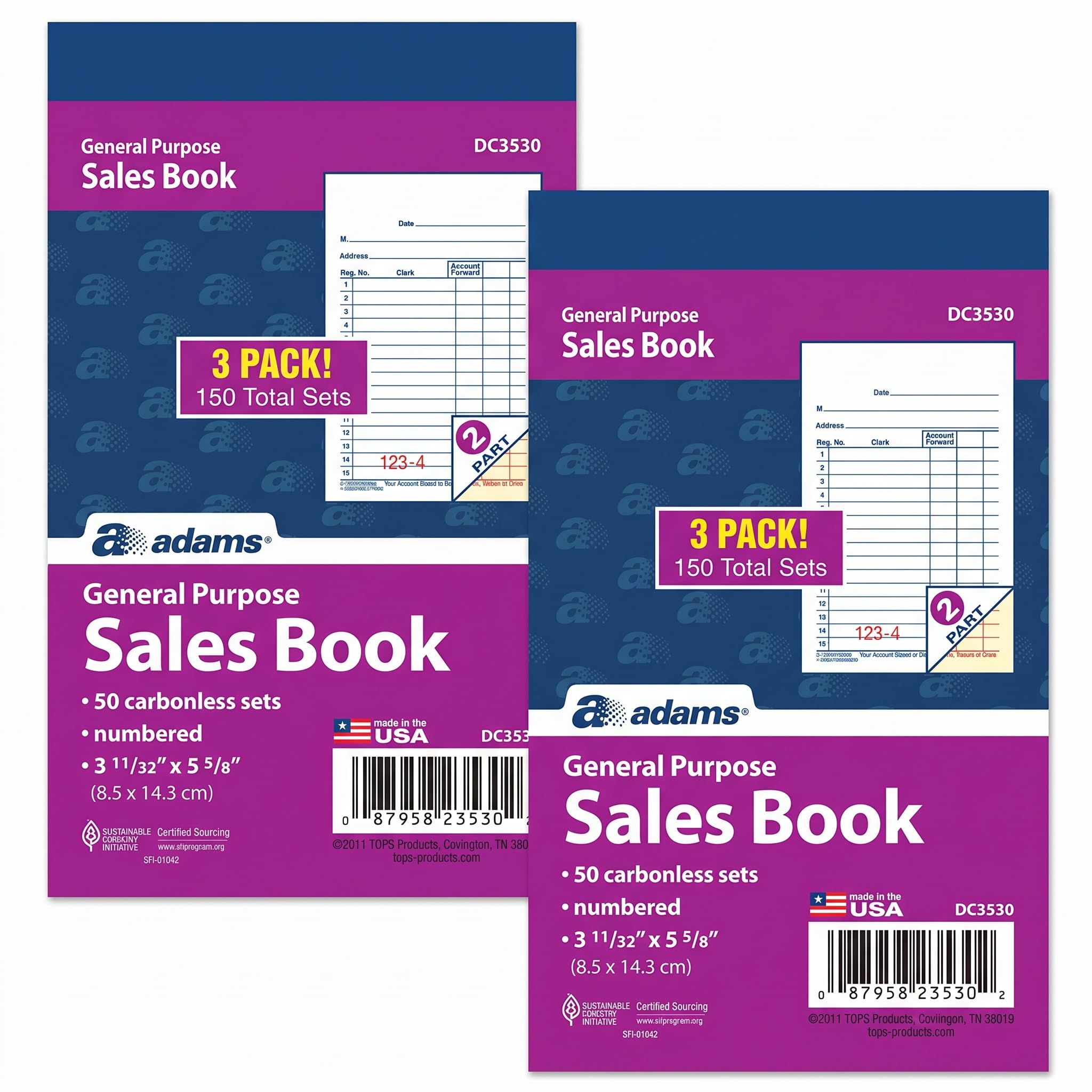 Adams General Purpose Sales Book, 2-Part, Carbonless, White/Canary, 3-11/32 x 5-5/8 Inches, 50 Sets/Book, 3 Books (DC3530) (Pack of 2)