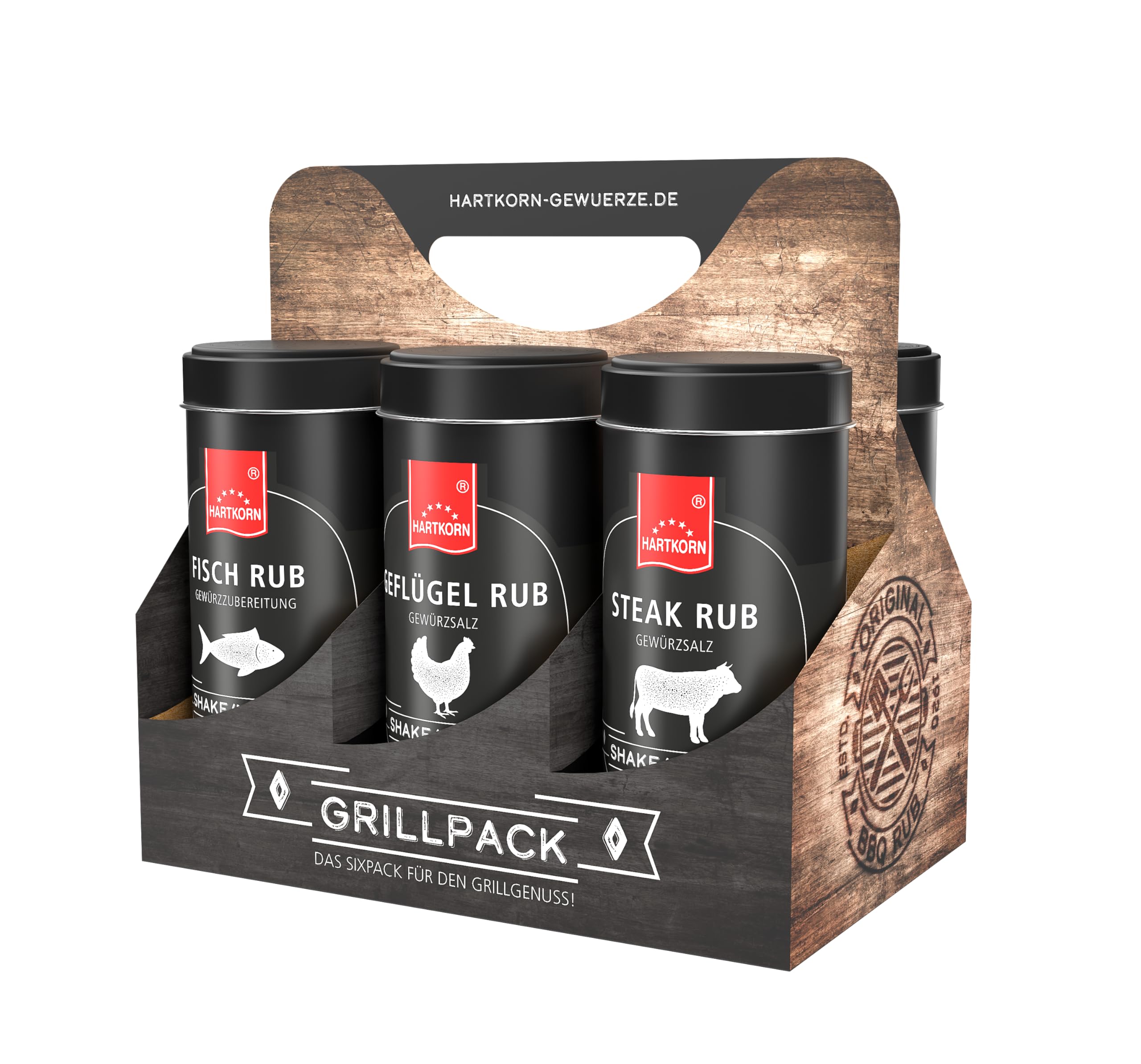 Hartkorn - BBQ Gewürz-Sixpack (6-teilig) Shake´n Grill (Geflügel Rub, Steak Rub, Fisch Rub, Smoky Rub, Veggie Rub, Magic Dust Rub) - Geschenkset für Männer