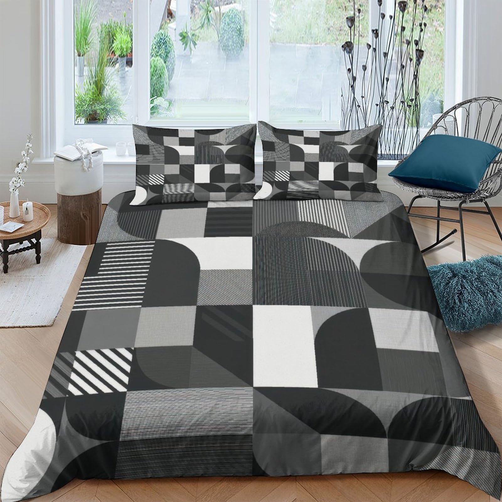 GPLZQXKJNH 3D Printed Geometric Patchwork Duvet Cover Microfiber Soft Breathable Monochrome Bedding Set with 2 Pillowcases for Bedroom Decor Single（135x200cm）