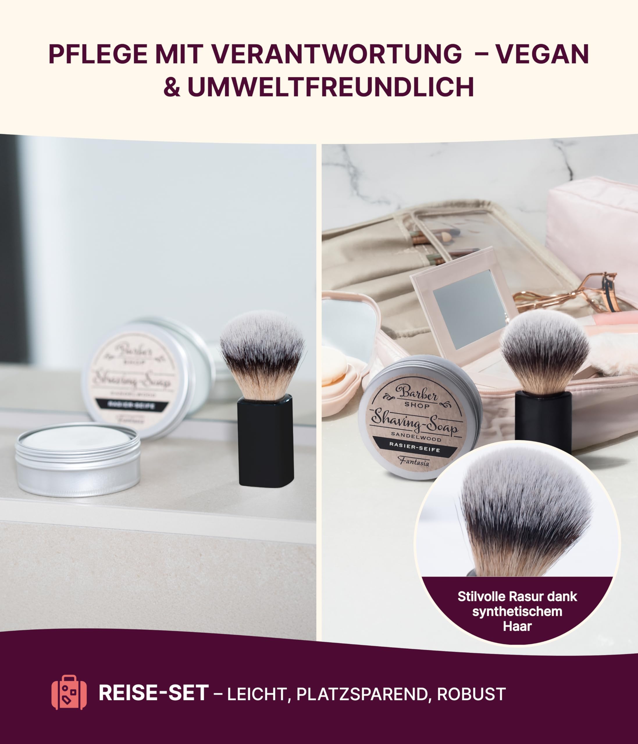 Fantasia® Beauty Rasier-Set schwarz mit Rasierseife in Aludose (Sandelholzduft, 100g) - Veganer Rasierpinsel mit Synthetikhaar, optimal für Bartpflege - Geschenk für Herren, inklusive Rasier