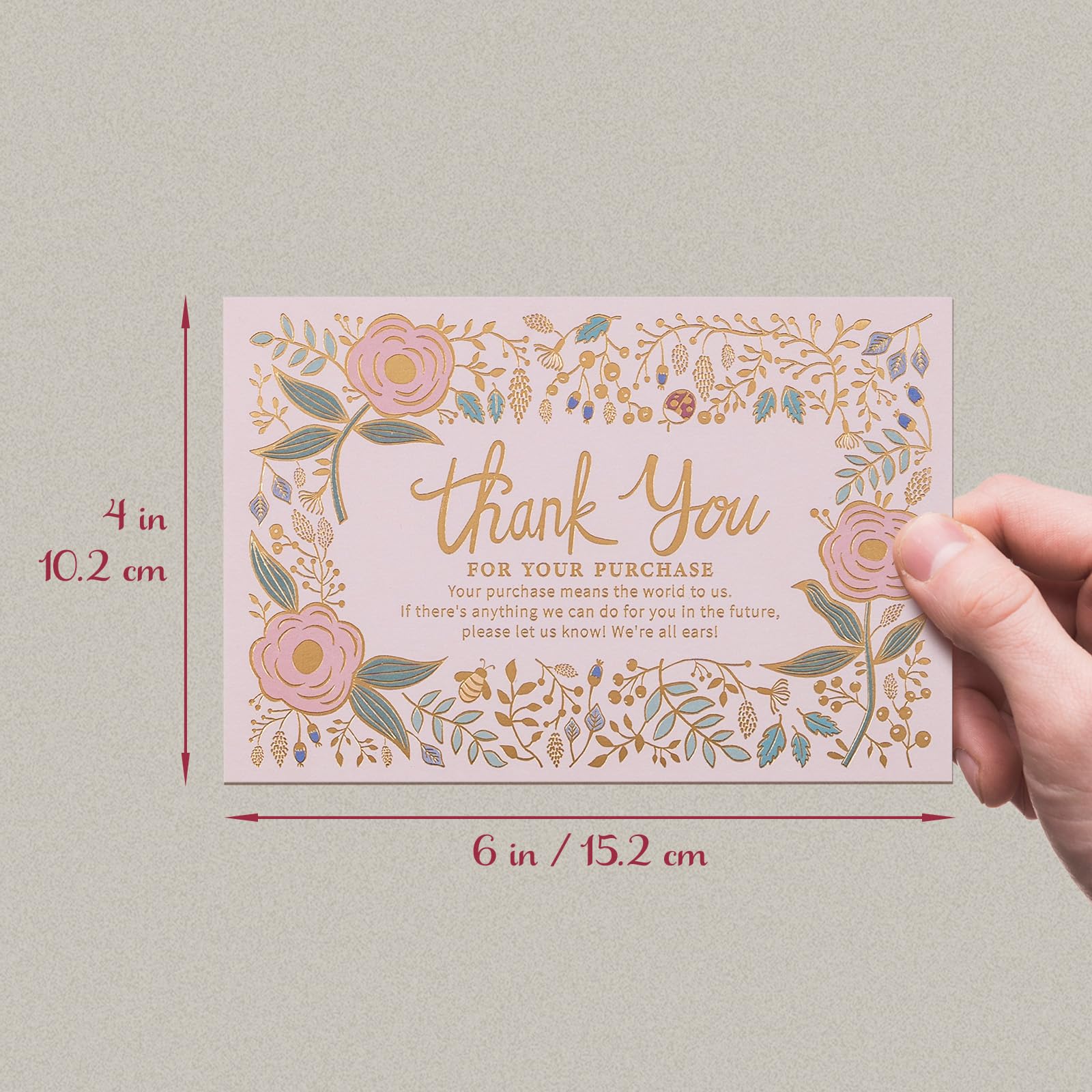 Prims & Flourish Thank You for Your Order Cards Pack of 50 Thank You for Your Purchase Cards Gold Foil Floral, 4 x 6 Inches - Image 4