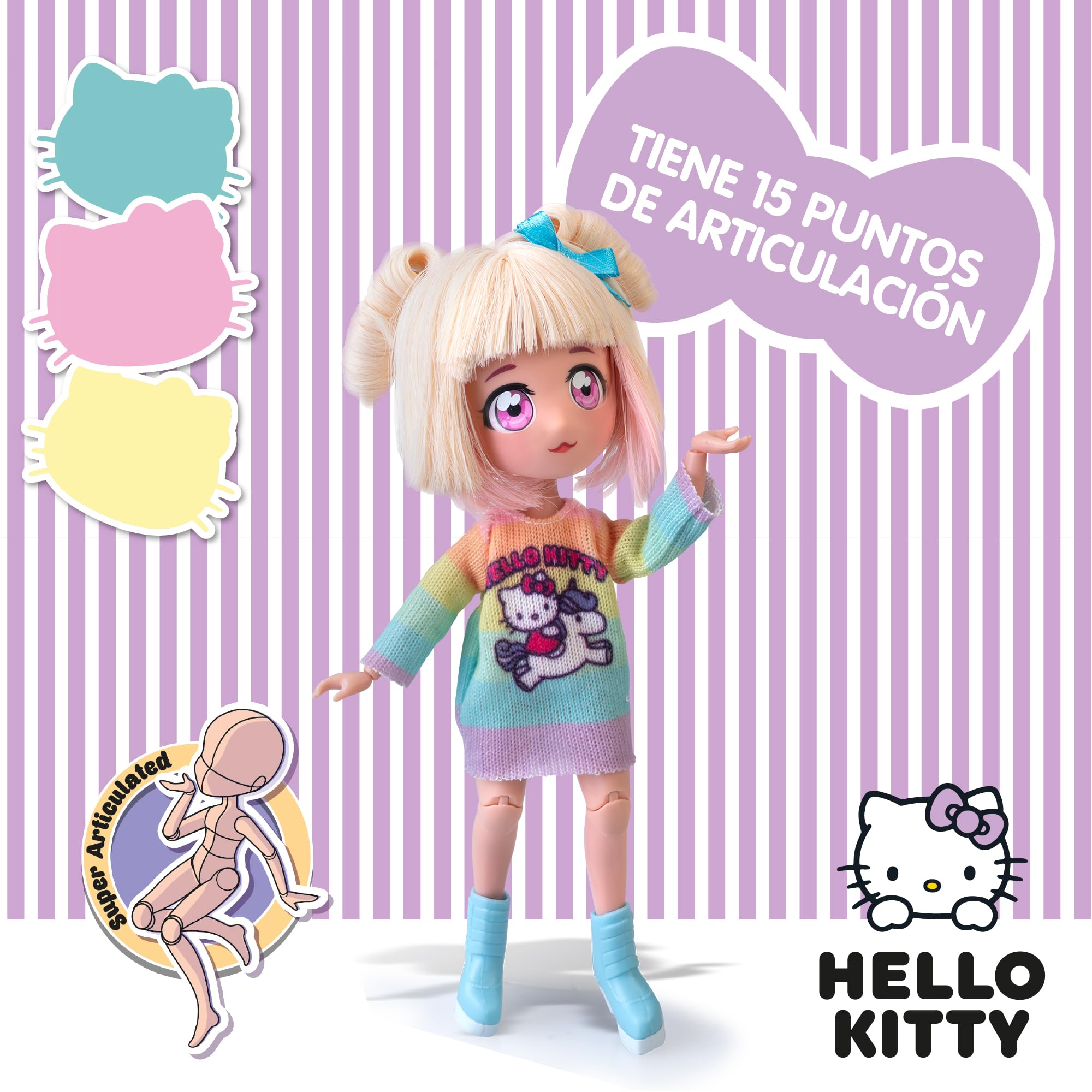4SF - Hello Kitty Manga Fashion Unicorns, Muñeca Fashion Japonesa, Figura de 19,5 cm con 15 Puntos de Articulación, Incluye Falda Ra-Ra, Calentadores y Diadema con Orejas, Famosa (HKTF2000)