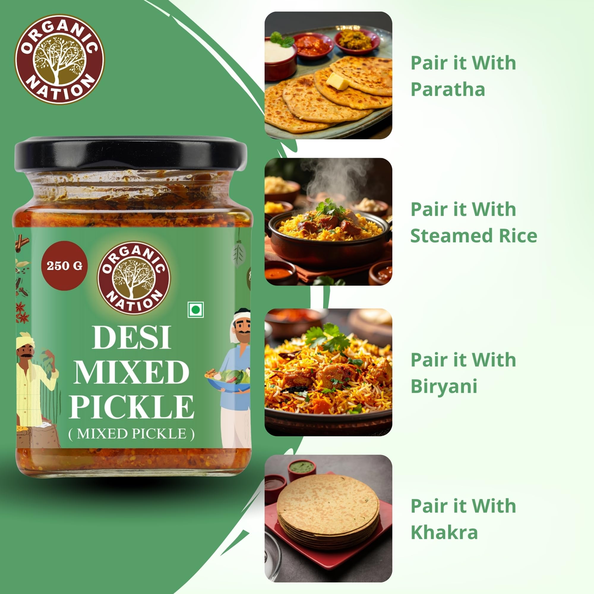 ORGANIC NATION Deliciously Tangy Mixed Pickle | Pickles with Fresh Ingredients | Authentic Mixed Vegetable Pickle | Traditional Indian Achaar| No Preservatives | 250g Jar | Vibrant Green 1