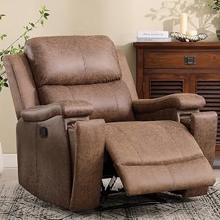 CANMOV Nut Brown Leather Manual Recliner Chair with Cup Holders, Overstuffed Arms & Back, 350lbs Capacity