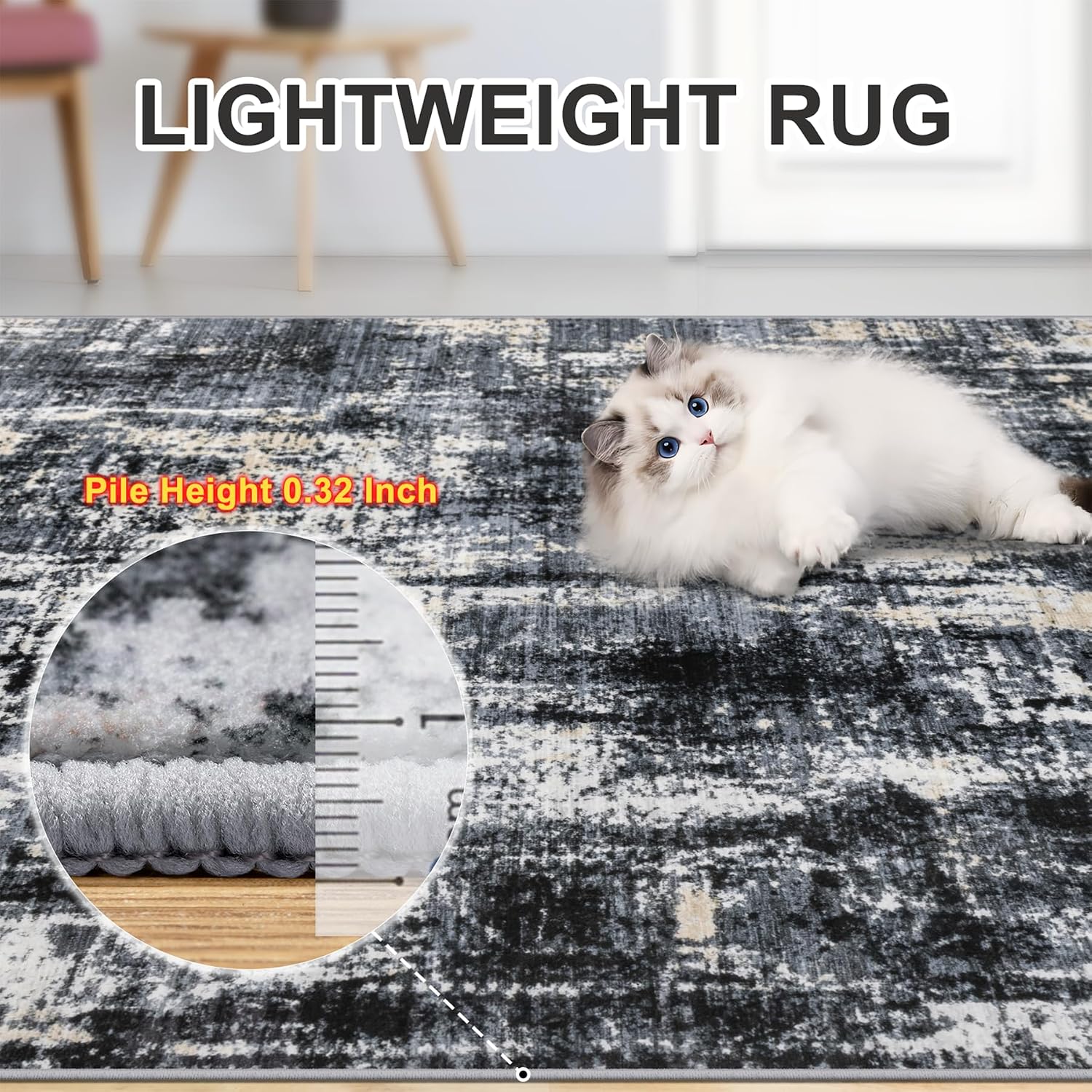  Area Rug Living Room: 4x6 Abstract Washable Carpet Black Gold thumbnail