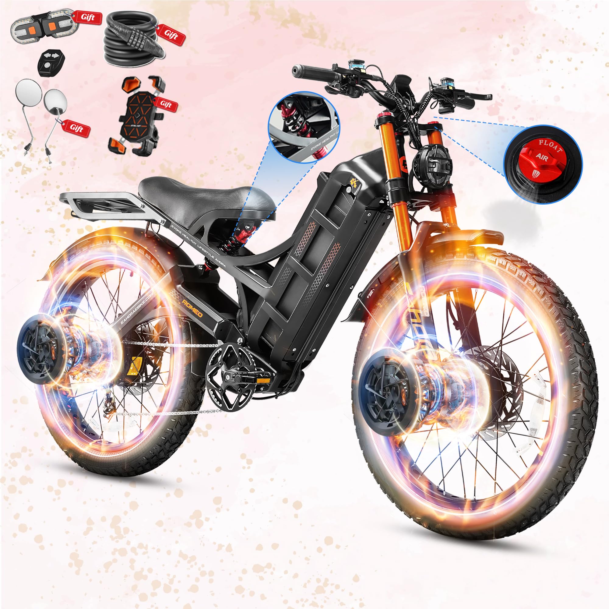 eAhora 2026 Romeo Pro 3/2 52-46Mph Electric Bike for Adults 6000W/4000W/2500W Dual Motor Ebike 60V/80Ah 52V/70Ah Long Range Fat Tire Full Suspension Electric Mountain Bicycle