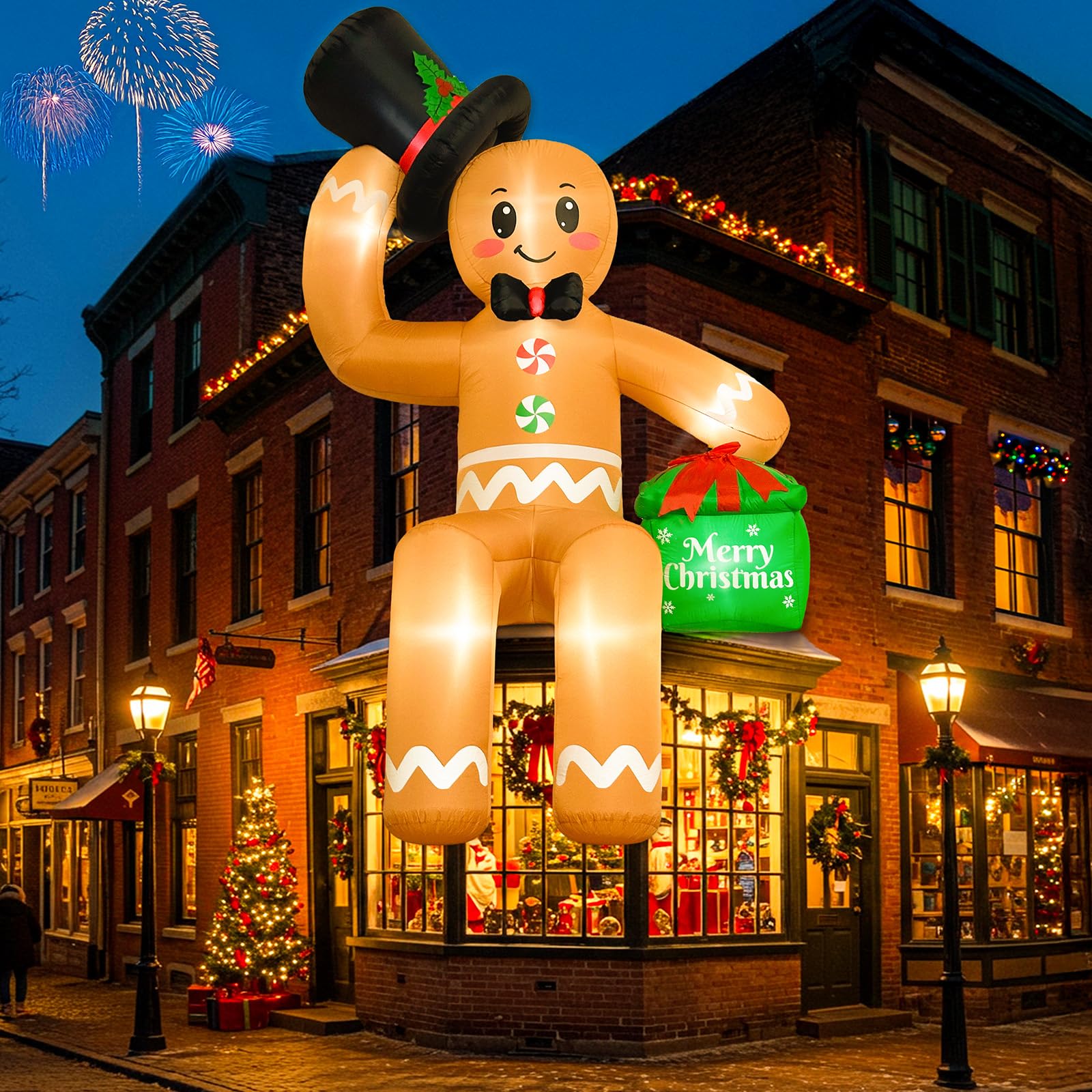 480CM Aufblasbare Weihnachtsdeko Außen, XXL Kletternd Lebkuchenmann Deko