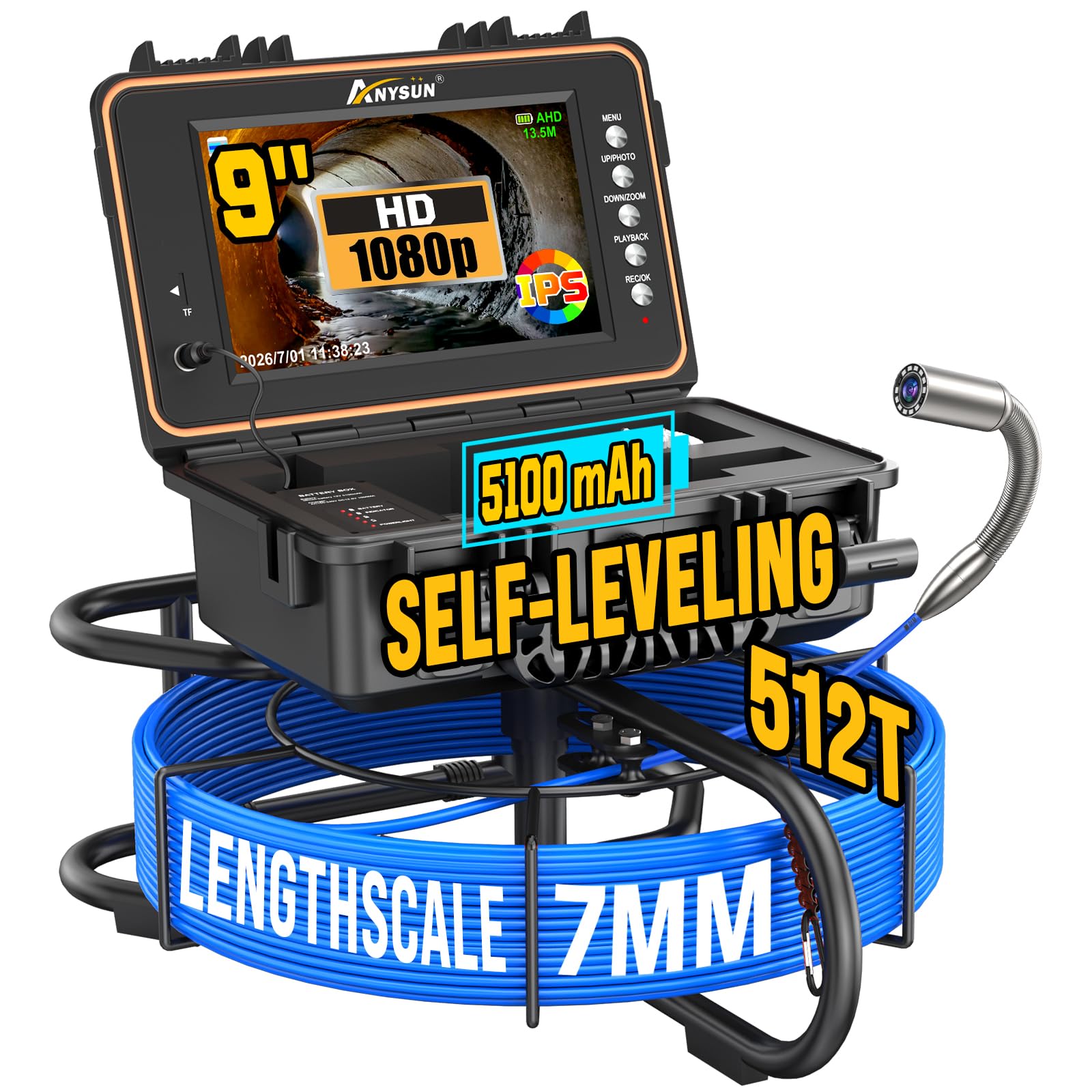 Anysun 9'' Sewer Camera Self Leveling, 7MM Fiberglass Cable, 5100mAh, DVR — Amazon image 8