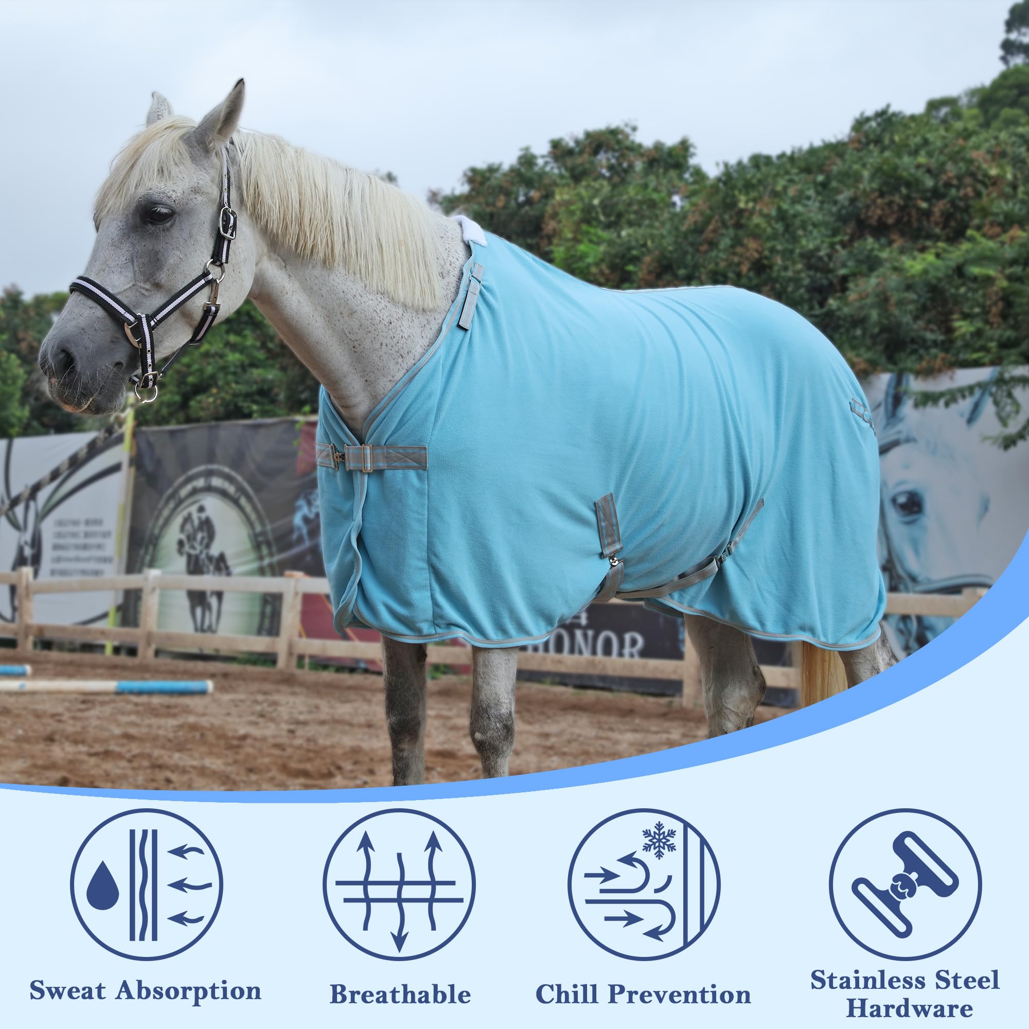 Tapis isotherme en polaire pour chevaux – Tapis anti-transpiration respirant avec col réglable – Tapis léger en polaire thermique pour post-exercice, voyage et spectacle – Bleu clair – 1,8 m
