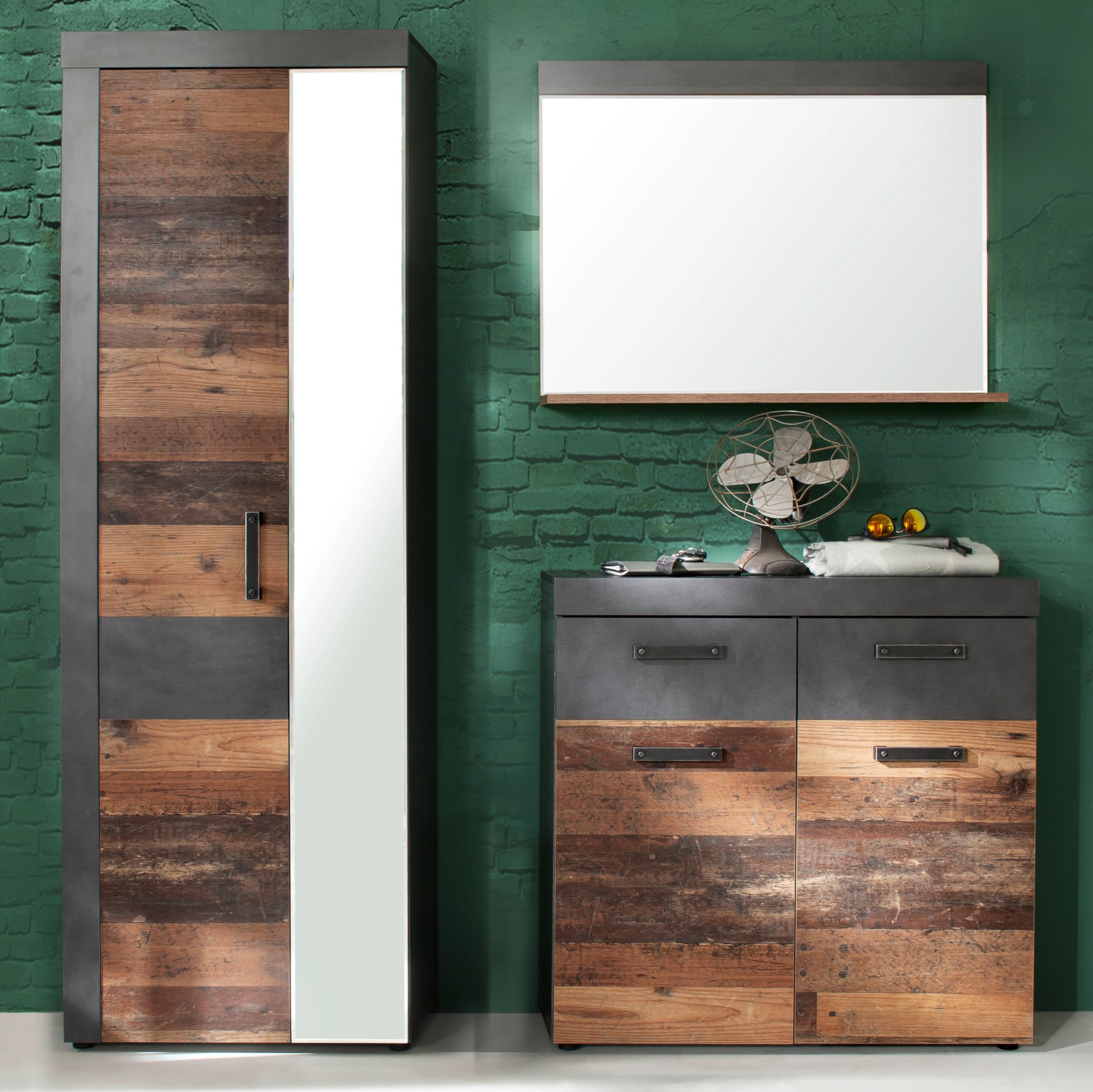 trendteam smart living - Indy - Garderobenkombination - Eiche/Grau - Garderobenschrank, Garderobenschuhschrank, Garderobenspiegel - (BxHxT) 170 x 192 x 34 cm - antikfarbene Griffe