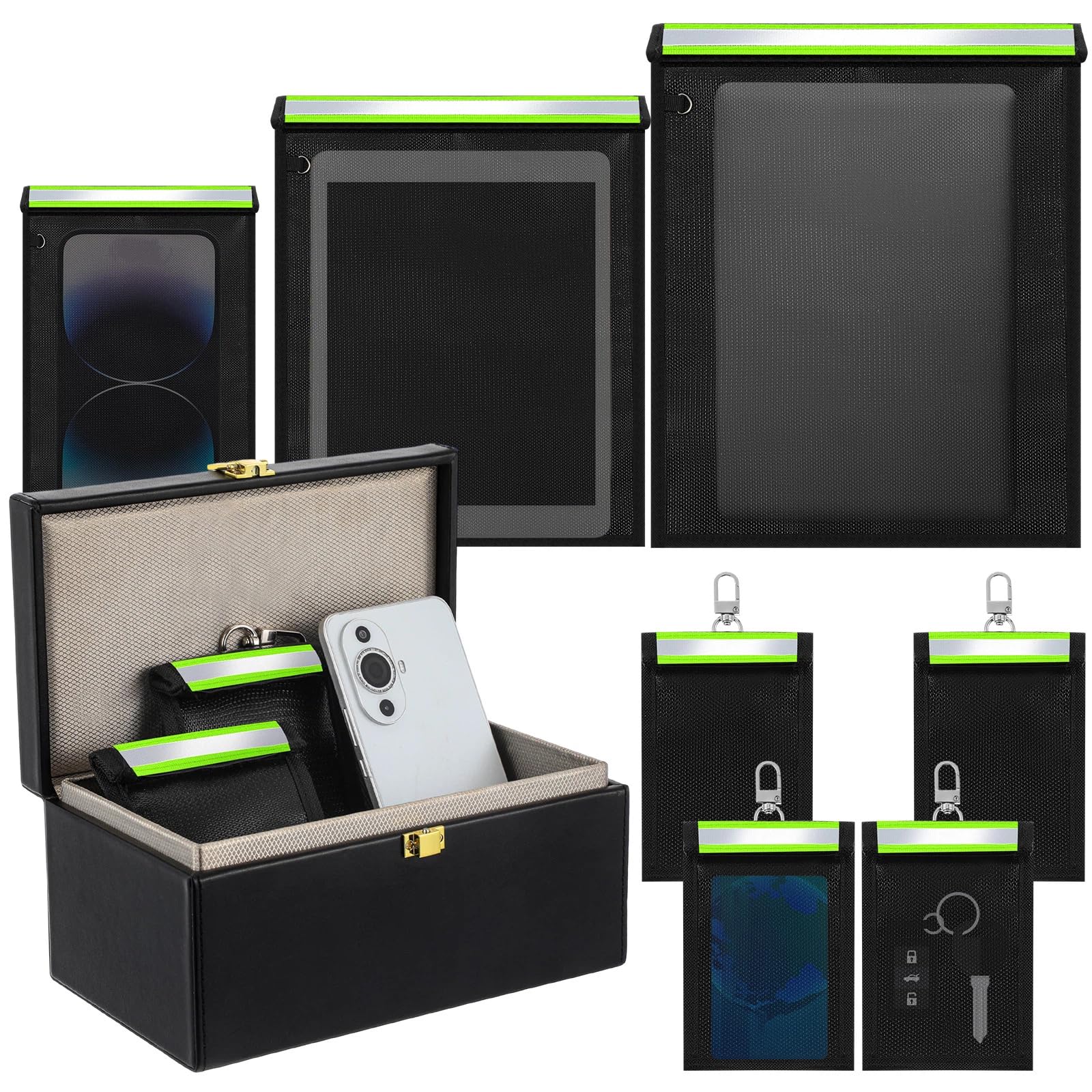 Dansydaisy 8 Stück große Faraday-Box mit 7 Faraday-Taschen (L, M und S) für Autoschlüssel, Laptops, Tablets, Handys, feuerfester und wasserdichter Schlüsselschutz für Autosicherheit (grün)