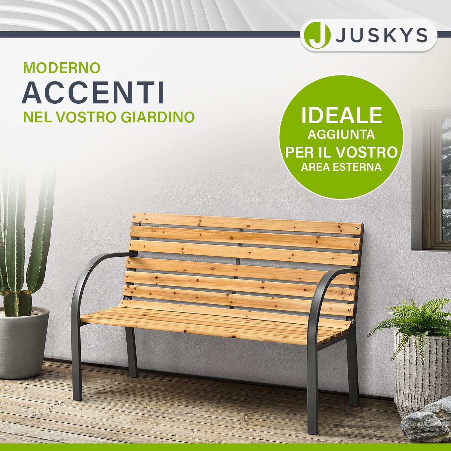 Juskys panchina da giardino Modena a 2 posti con schienale e braccioli panca resistente alle intemperie in legno e acciaio 120x62x82 cm classica per giardino balcone terrazza