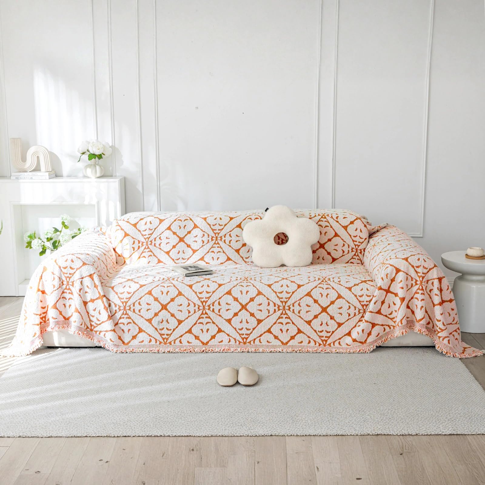 LiveGo Chenille AB Sided Slipcover for Corner & L Shaped Sofa, Soft Non-Slip All-Season Washable Couch Protector for Dogs with Tassel (Ab Boho Orange, 180 x 300 cm) — image 1
