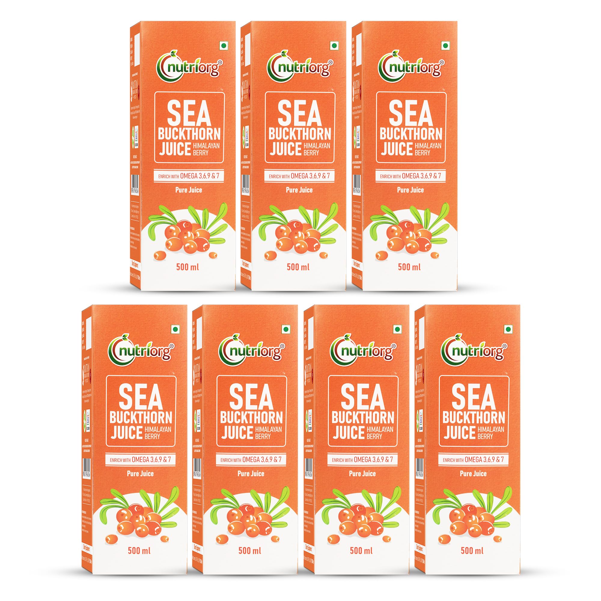 NutriOrg Pure Sea Buckthorn Juice 3.5L (Pk of 7 * 500) | 100% Himalayan Berry Pulp | Omega 3,6,7,9 & Vitamin C | Best for Immunity & Antioxidant Rich | No Added Sugar & Colour
