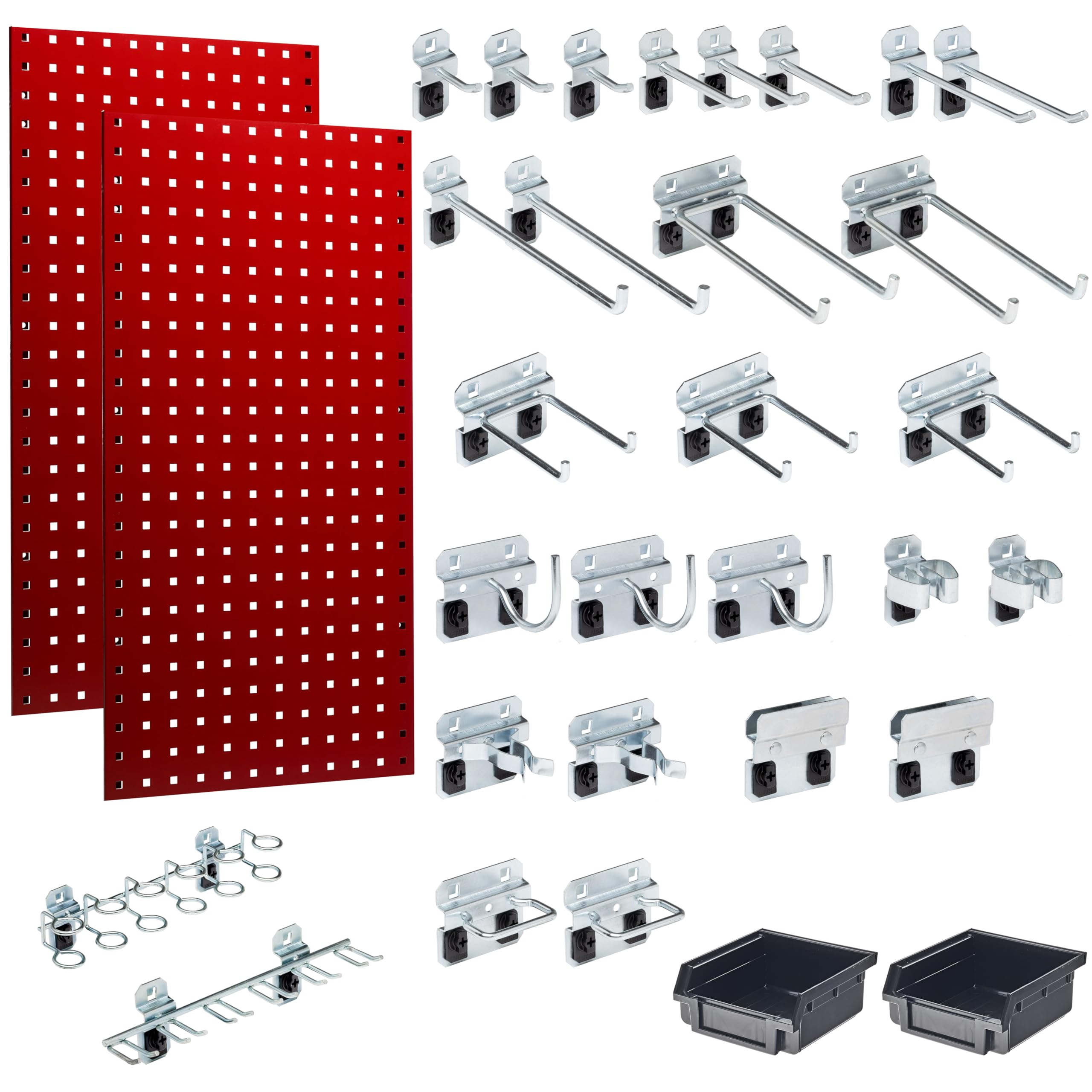(2) 18 In. W x 36 In. H Red Steel Square Hole Pegboards with 30 pc. LocHook Assortment & Hanging Bin System