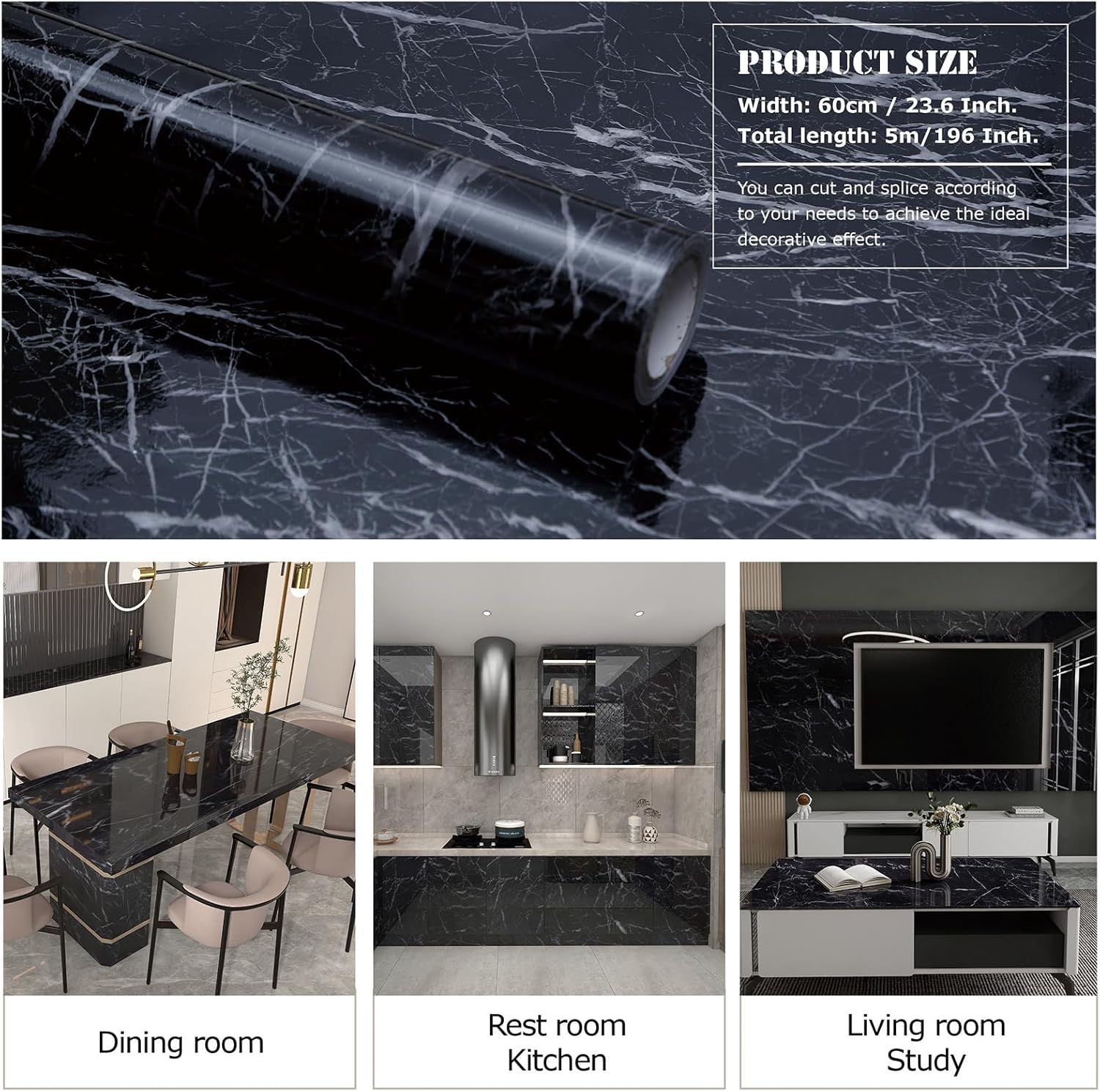 Peel and Stick Black Marble Wallpaper Contact Paper Self Stick Waterproof Removable Glossy Vinyl Home Décor for Countertop Living Room Kitchen 23.6"x196"