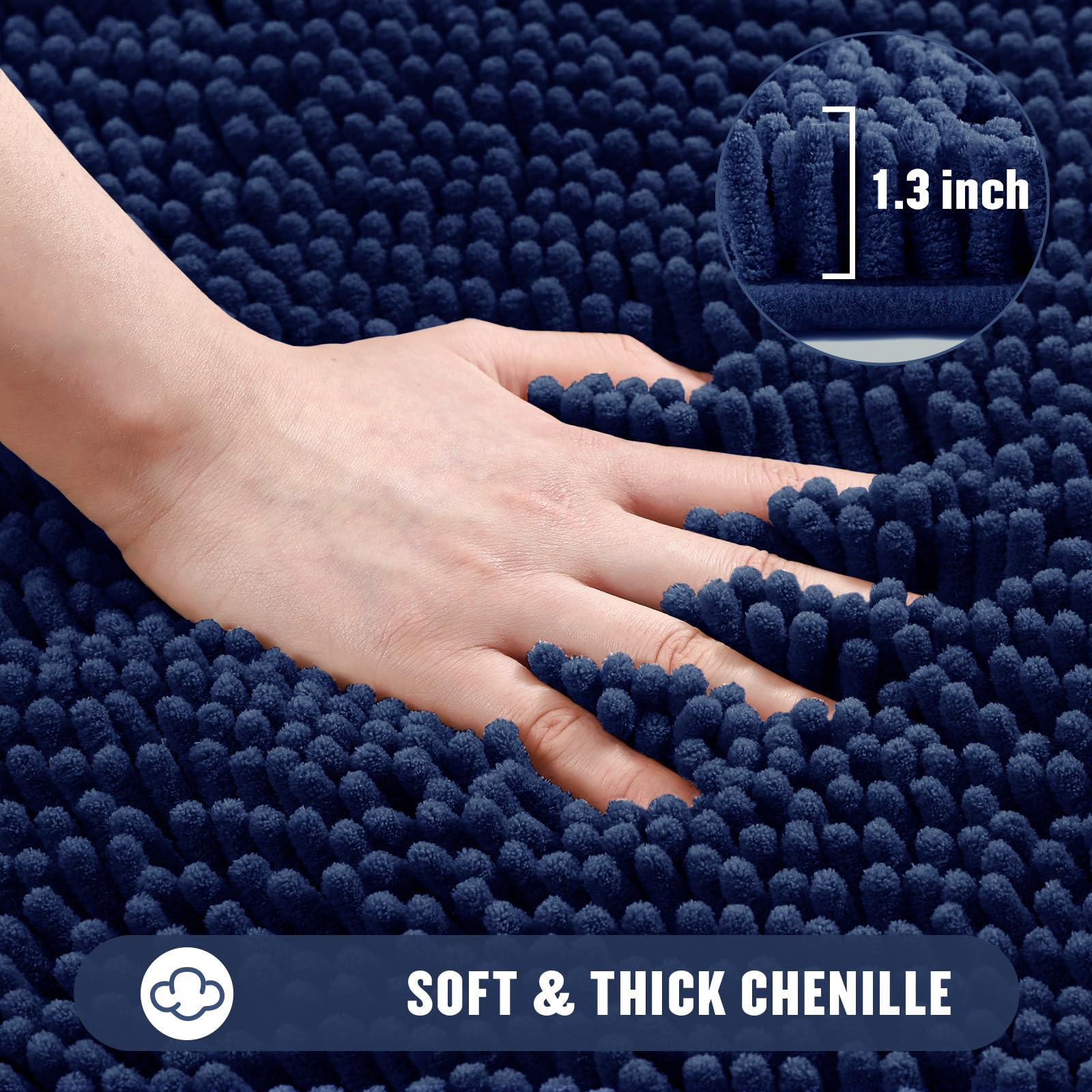 MitoVilla Lot de 2 tapis de salle de bain en chenille extra doux et absorbant - Tapis de sol antidérapant et épais à poils longs - 50,8 x 81,3 cm - Bleu marine