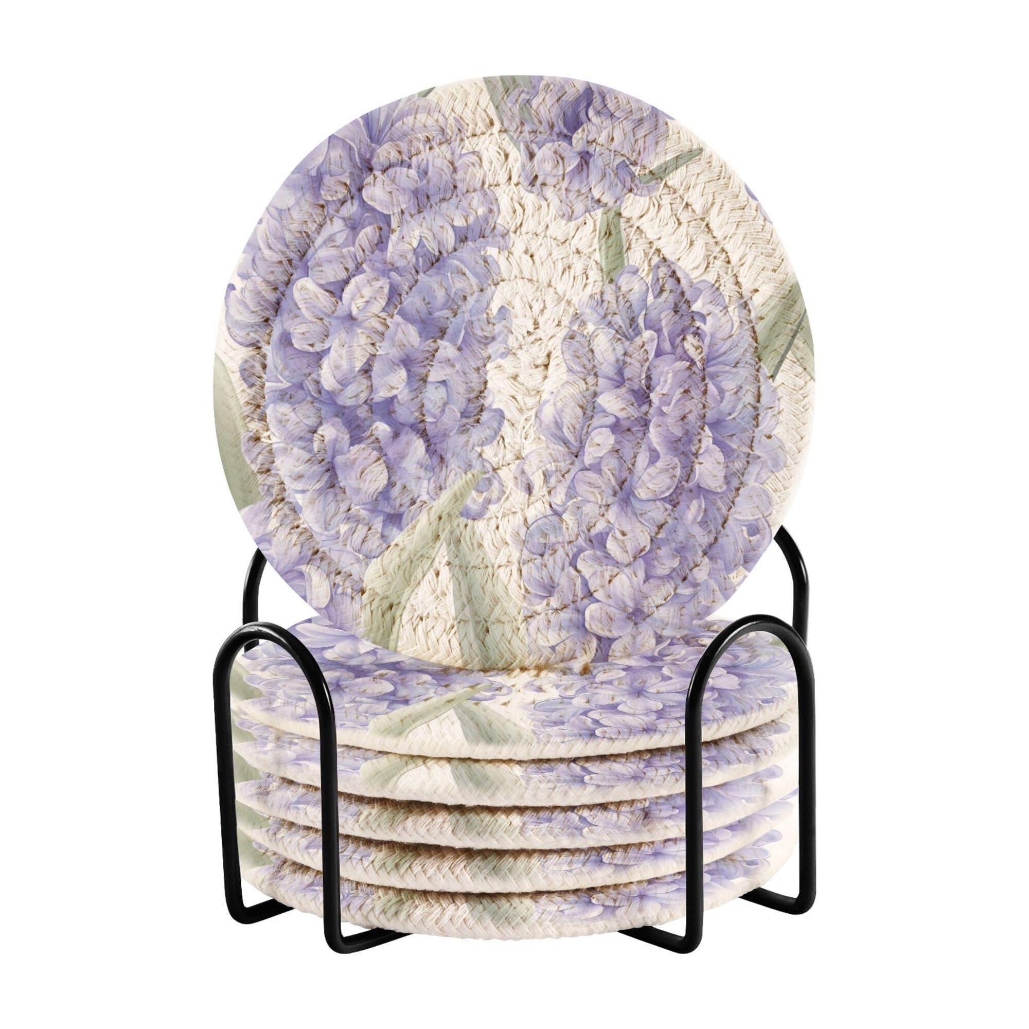 Beauty Hyacinth White Cotton Rope Absorbent Drink Coasters with Holder Set of 6 Table Cup Coasters