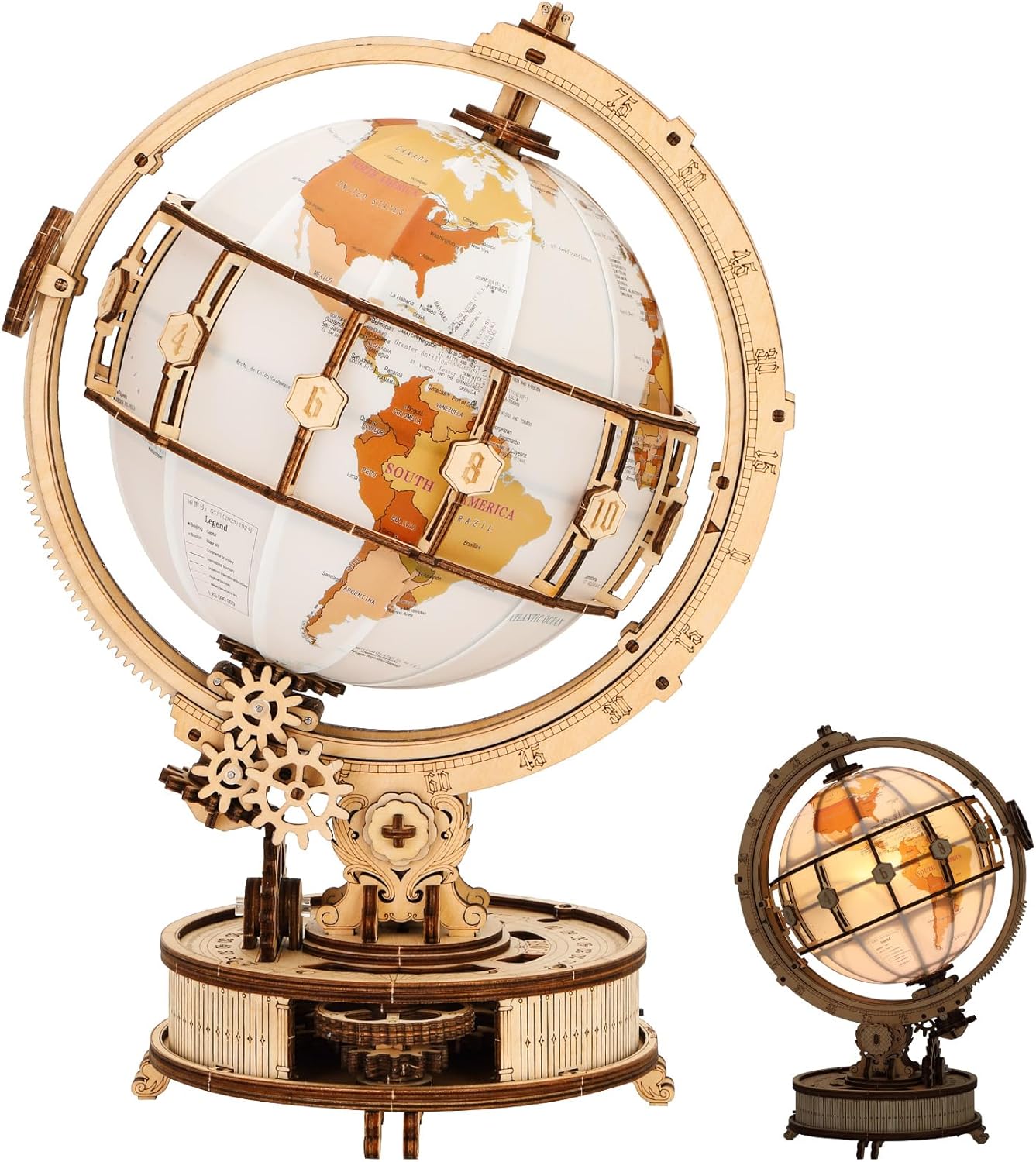 3D Wooden Puzzles for Adults: Illuminated Globe Building Kit with LED Light & Stand, DIY Adult Craft for Home Decor, Unique Hobby Gift for Men Women