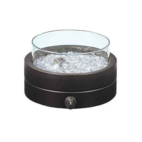 Amazon Basics 14-Inch Round Propane Fire Pit, 9000 BTU Portable Tabletop Fireplace with Glass Stones, Umbrella Hole Compatible for Outdoor Patio Tables & Camping, Brown