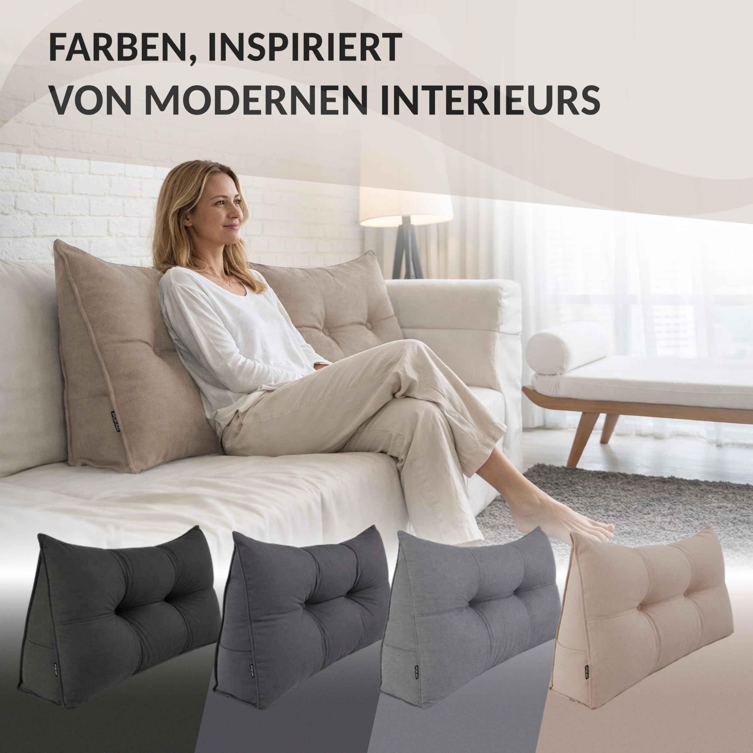 POKAR Rückenkissen 180x50x20 cm | Lesekissen für Bett und Sofa | Großes Keilkissen als Sofakissen für Rückenlehne | Wandkissen mit praktischen Seitentaschen | Oeko Tex 100 Zertifiziert | Grau