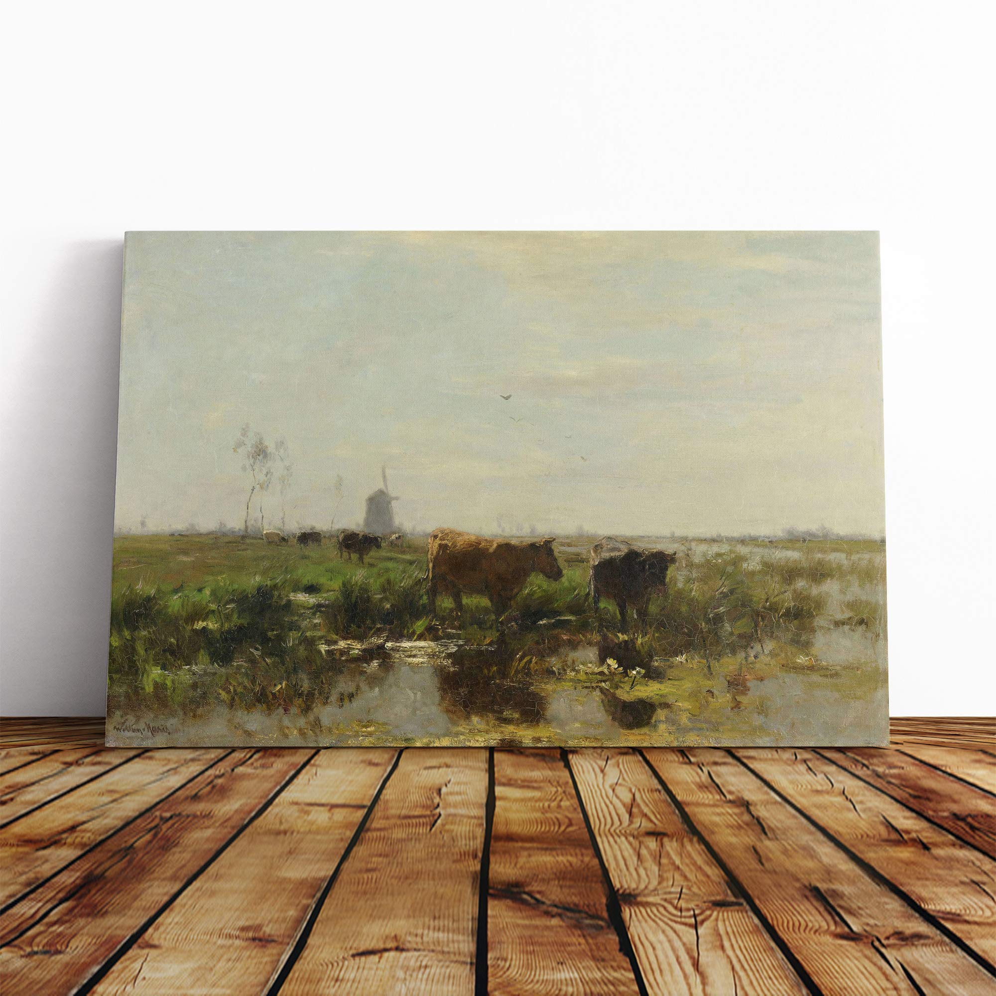 Willem Maris Cows by Water Canvas Print | Gallery Wrapped 30mm Frame Wall Art | 24x16 inches | Ready to Hang | Modern Animal Picture | Living Room Bedroom Lounge Office