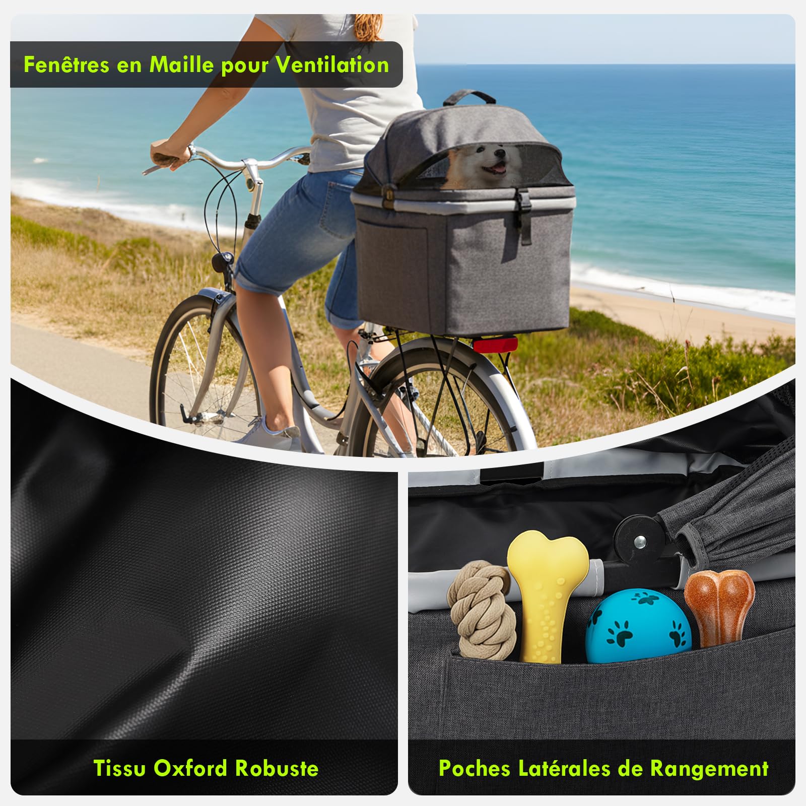 Panier Vélo Arrière Chien Pliable 10KG Cadre Métallique Support Fixation Tubes 9-12 mm Fenêtre Aérée Coussin Bandes Réfléchissantes