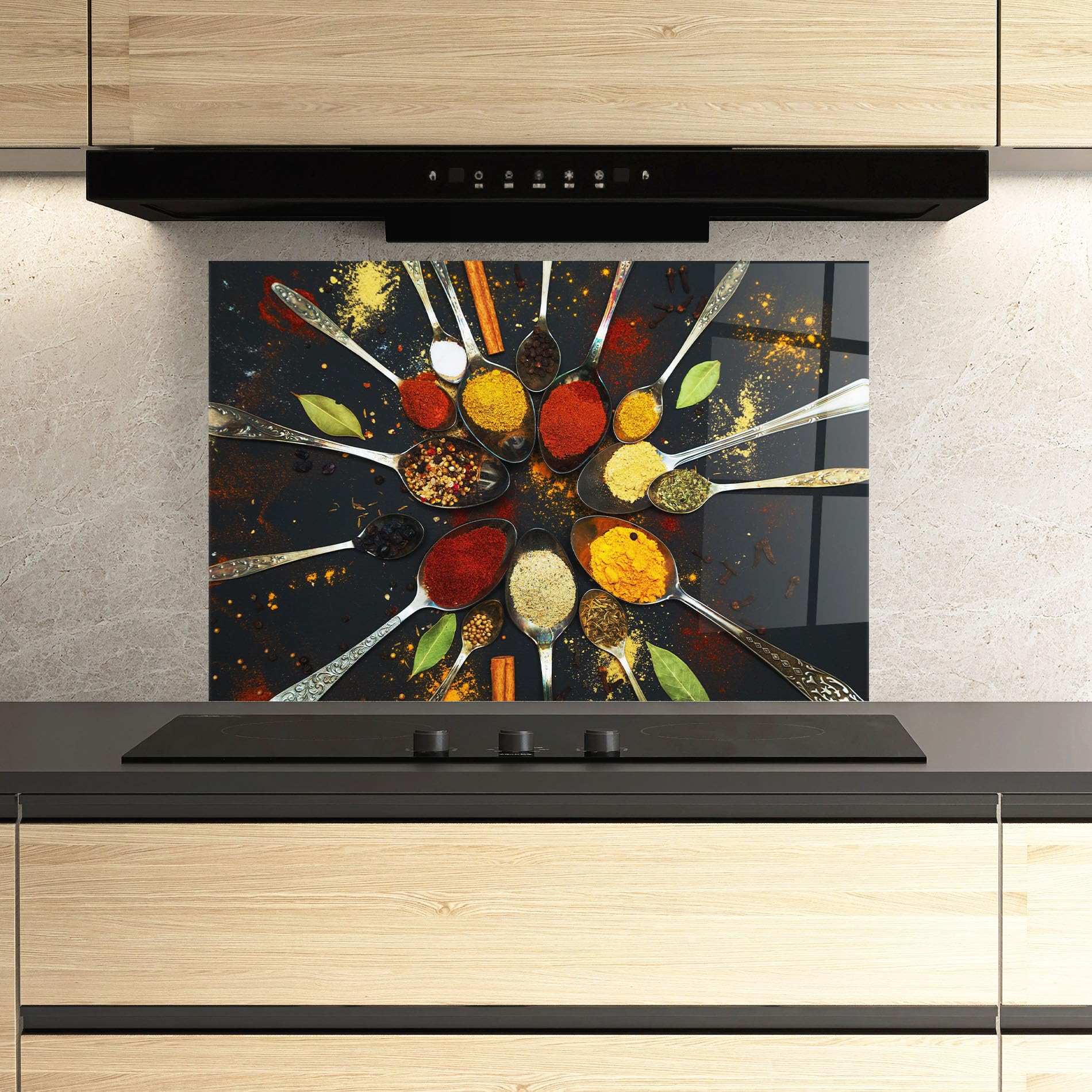 ARTHUB® Crédence de Cuisine en Verre 60x80 cm, Cooking Spoons | Protection Contre Les éclaboussures, Revêtement Mural en Carreaux, Plaque en Verre, Verre trempé, Aliments, Épices