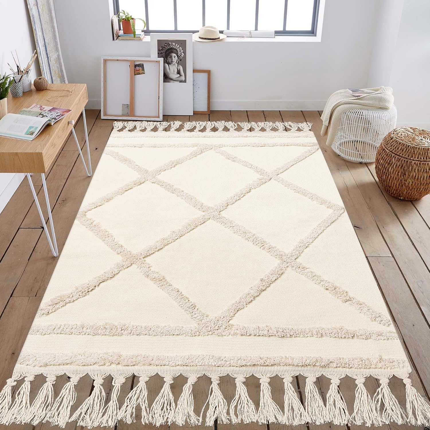 Teppich Läufer Flur, Boho Beige Getuftet Baumwollteppich mit Gewebt Quasten, Waschbarer Teppich für Badezimmer Küche Wohnzimmer Schlafzimmer Flur Esszimmer (Beige, 180 x 120 cm (Rechteckig))