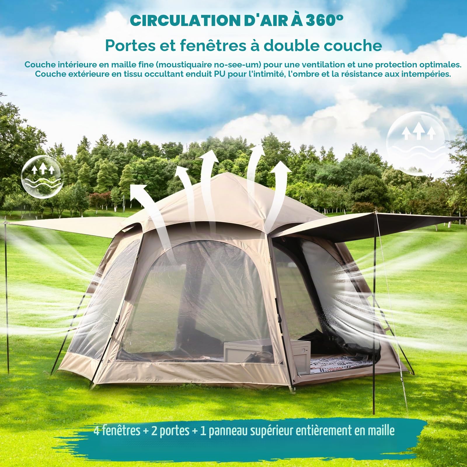 Chihee Tentes de Camping Pop Up Tente hexagonale Montage Facile Polyester Enduit PU instantané Cabane familiale avec Rainfly Imperméable Protection UV Imperméable à l'eau Abri extérieur